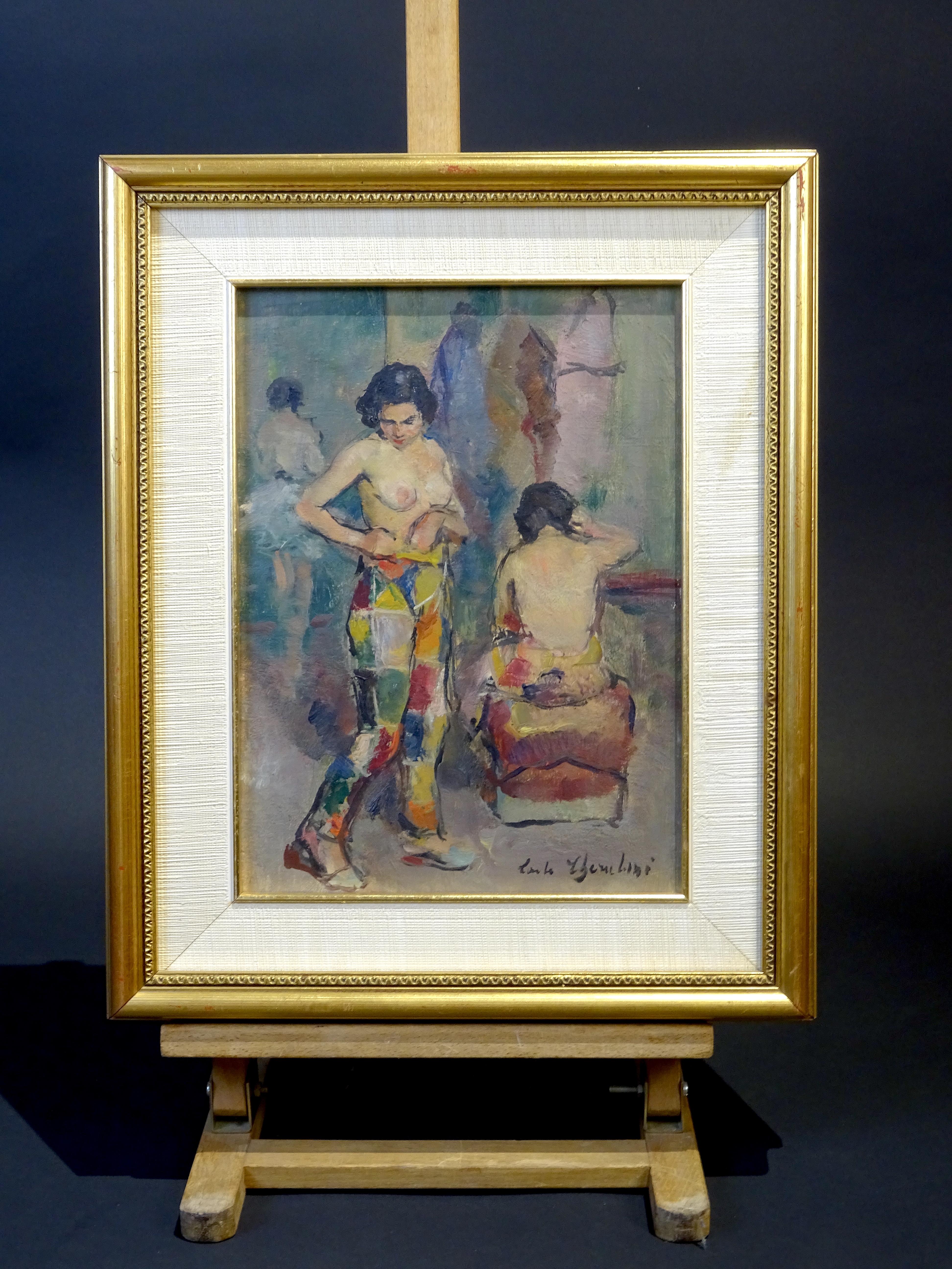 Painting done in oil on canvas by Venetian painter Carlo Cherubini (Anona 1897-1978 Venice) made around the 1950s.
The work in question features female figures wearing colorful costumes reminiscent of the mask of Harlequin, dominating the scene is