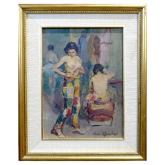 Peinture "" Essai de costume avec nu féminin, "" Carlo Cherubini 1950s