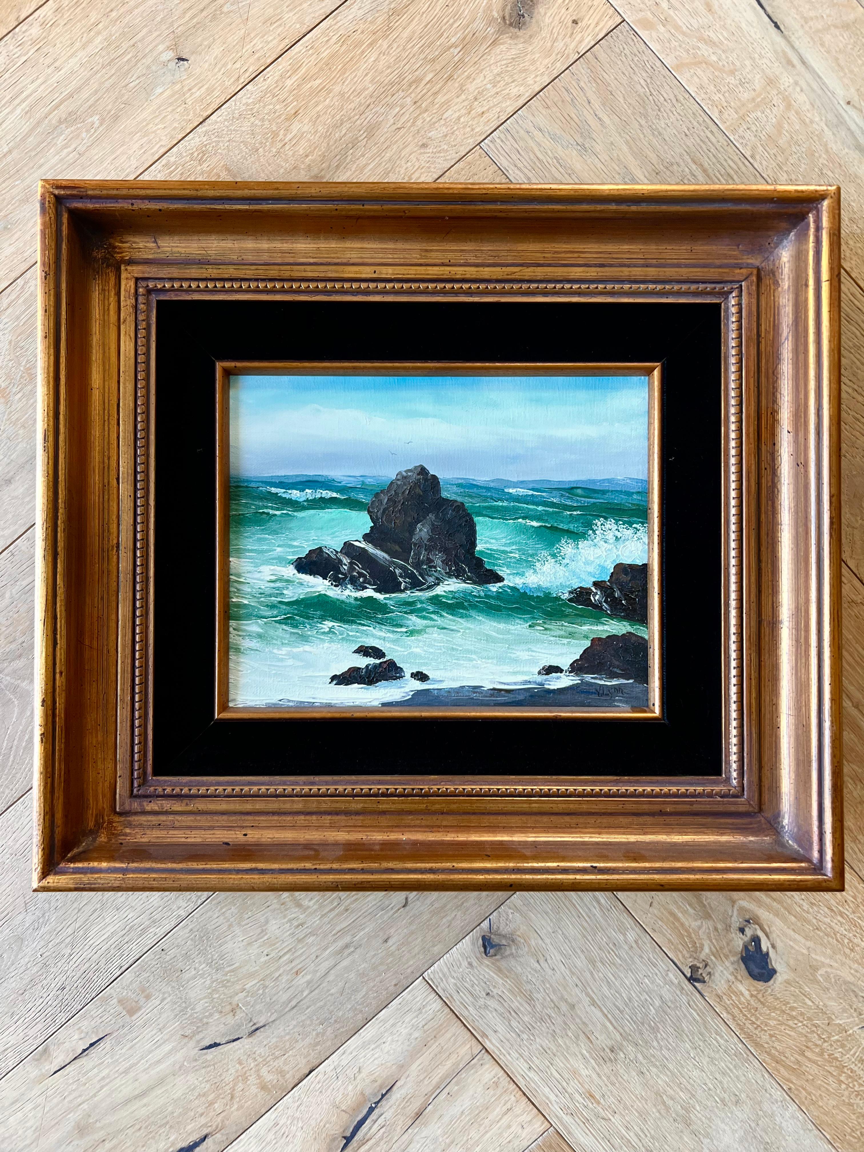 Crashing waves: a painting by Virginia Lynn, oil on canvas, 20th century. Expert brushwork from this American artist shows the tide crashing upon basalt rocks near a shore. At first glance this painting is a tidy pastoral piece, but the ocean - vast