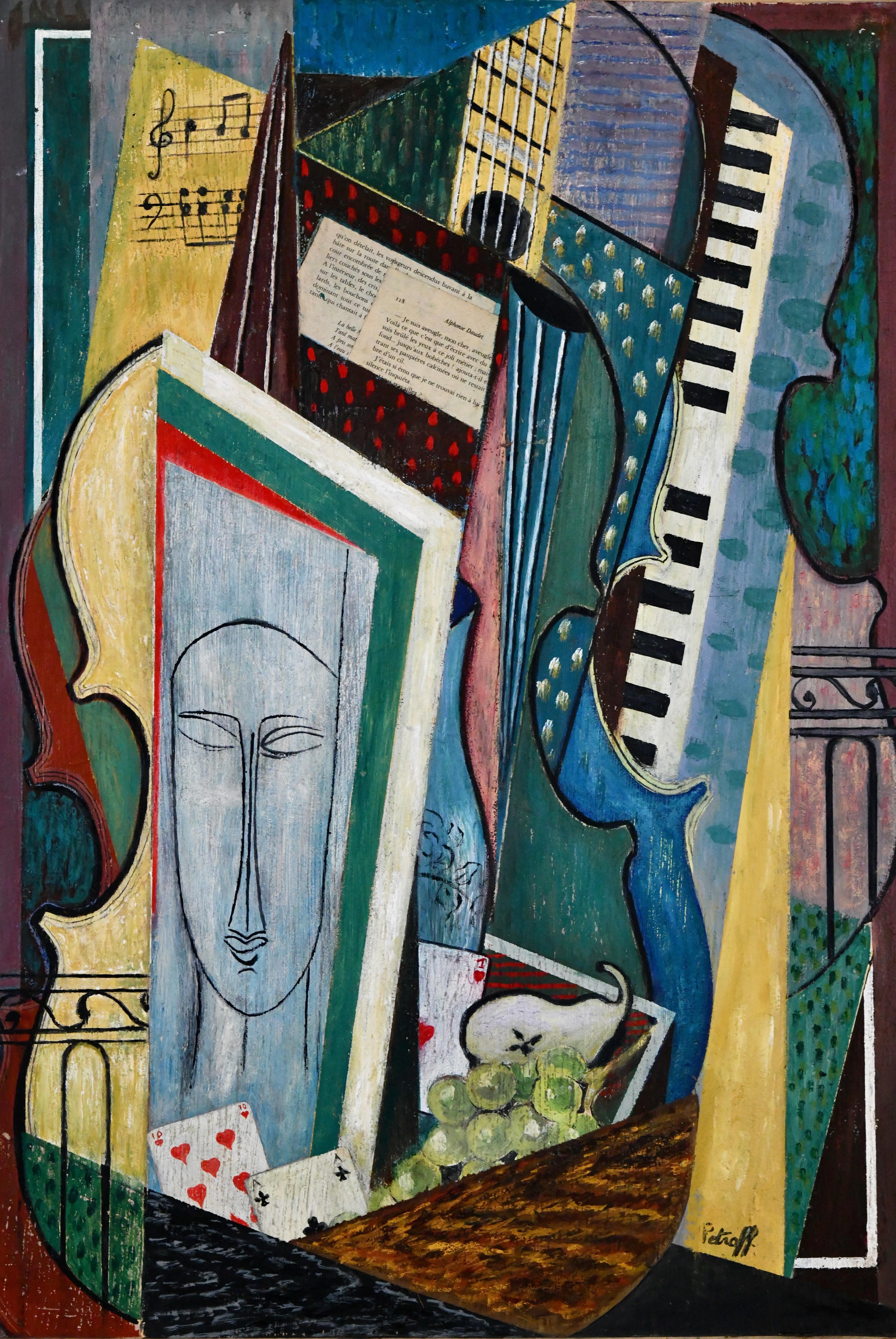 Painting cubist composition with Modigliani face, musical instruments, playing cards and fruit by the Russian artist Petroff. 
Oil on board, framed. 

Size of the painting:
H. 73 cm x 50 cm.
H. 29 inch x 20 inch.