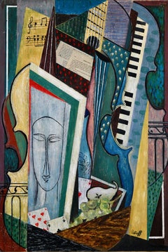 Painting Cubist Composition Modigliani Face and Instruments Petroff