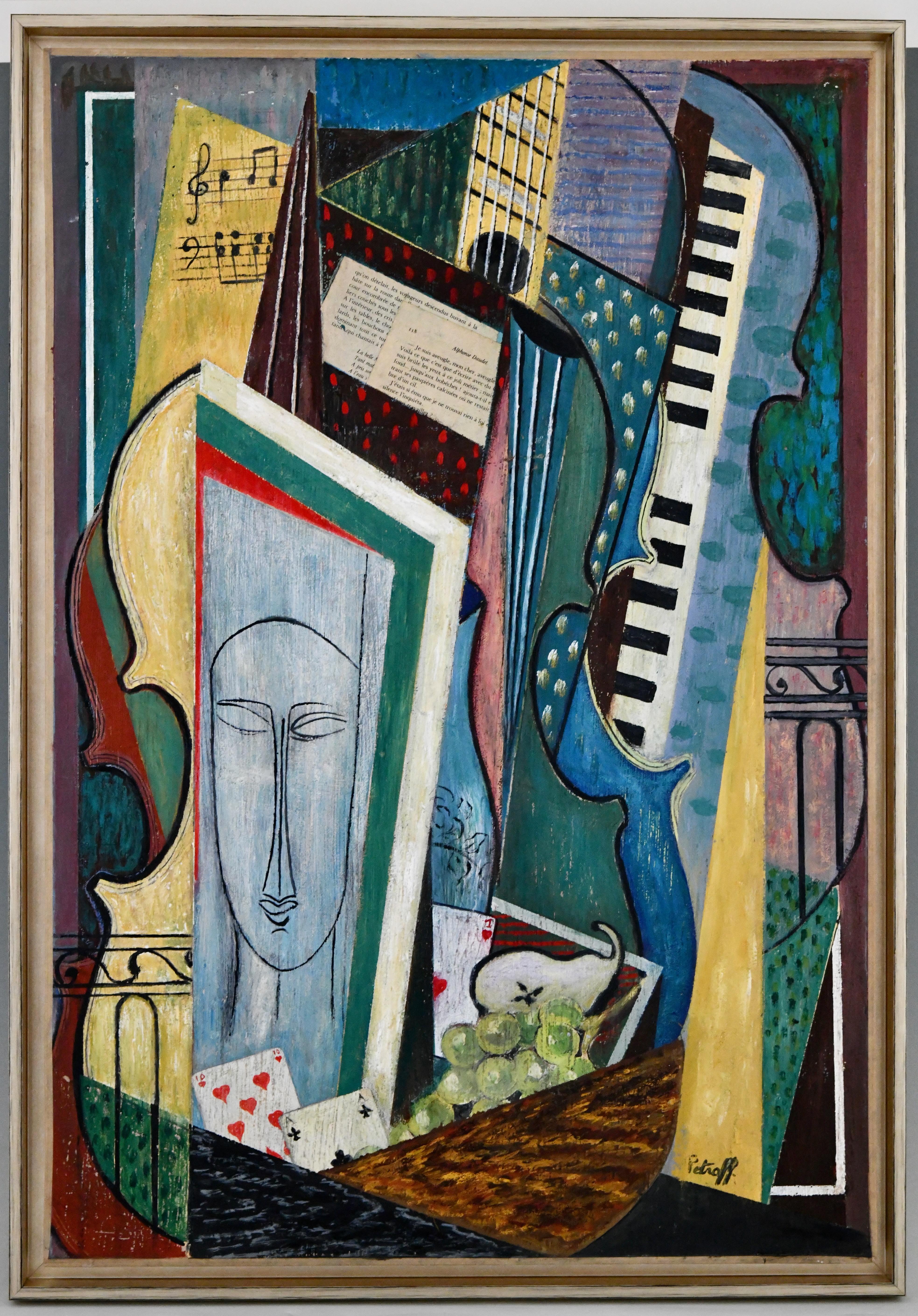 Gemälde Kubistische Komposition Modigliani Gesicht und Instrumente Petroff, Gemälde (Art déco) im Angebot