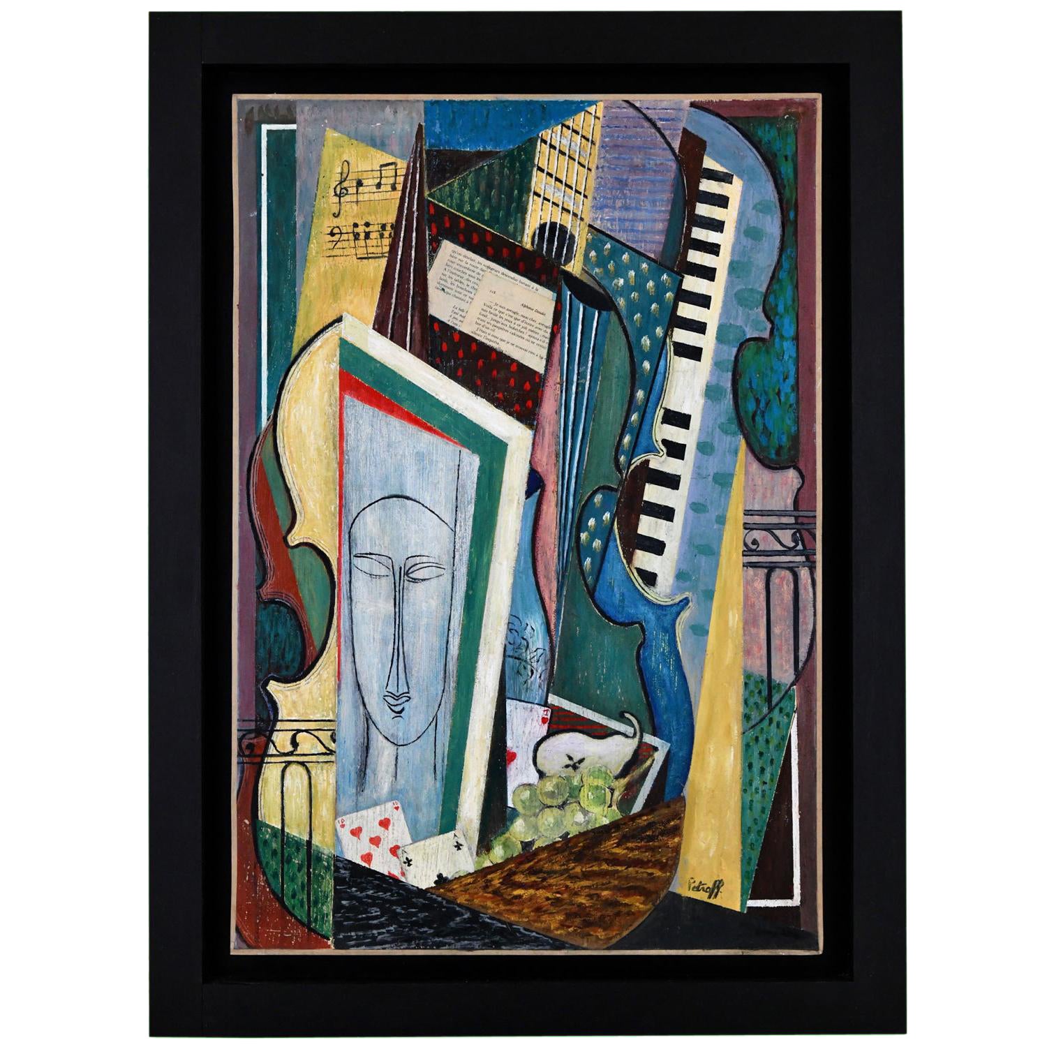 Painting Cubist Composition Modigliani Face and Instruments Petroff For Sale