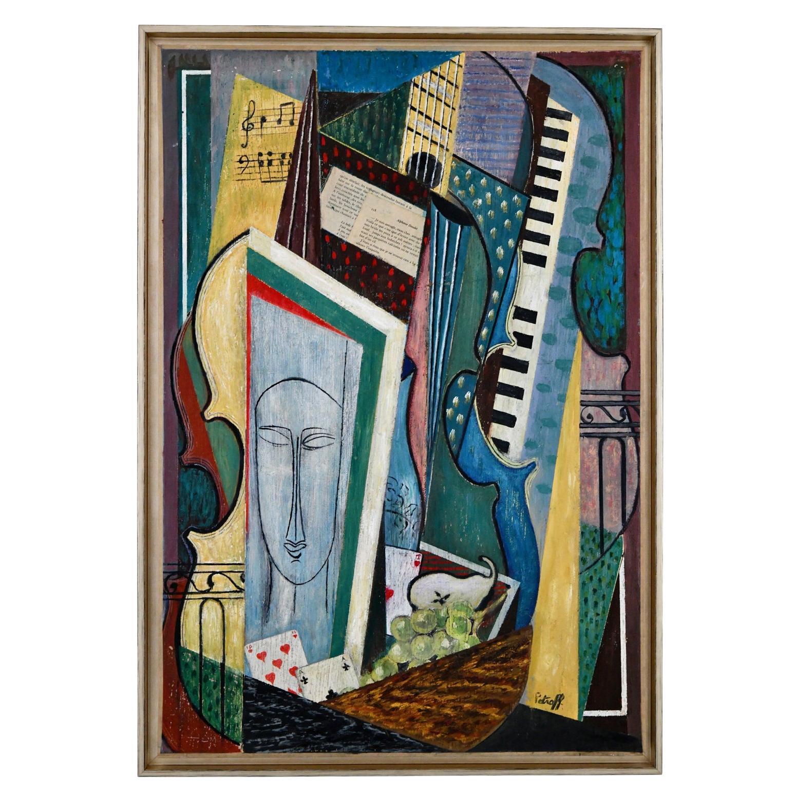 Painting Cubist Composition Modigliani Face and Instruments Petroff For Sale