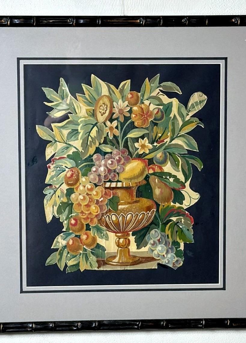 French Painting Cutout Oil On Canvas Framed With Faux-Bamboo Wood -03 For Sale