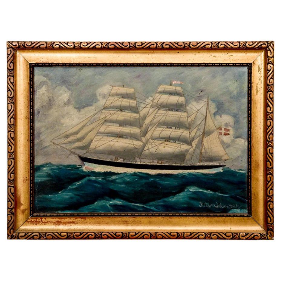 Painting "Danish Sailing Ship", Denmark, Early 20th Century