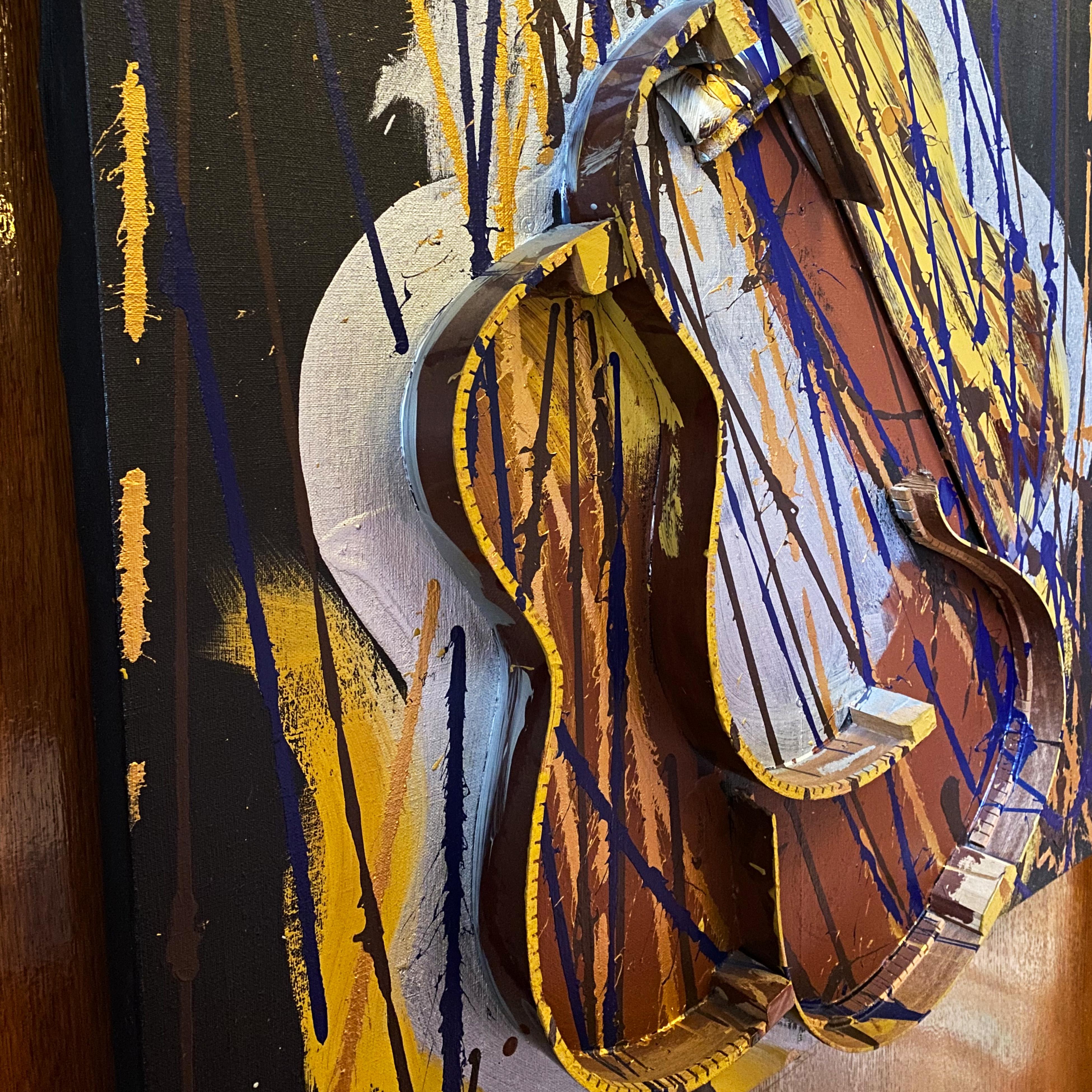 Mid Century Arman Fernandez Painting Guitar Oil Painting Wood Black Yellow In Fair Condition For Sale In Esbeek, NL