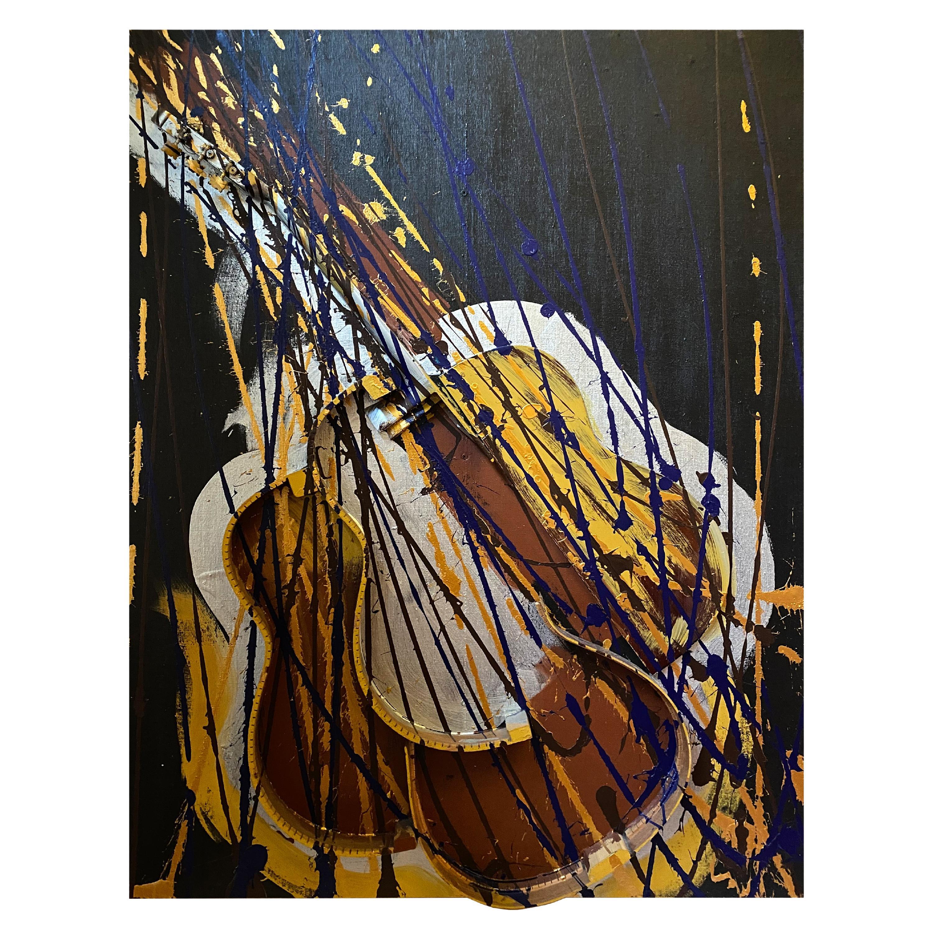 Mid Century Arman Fernandez Painting Guitar Oil Painting Wood Black Yellow For Sale