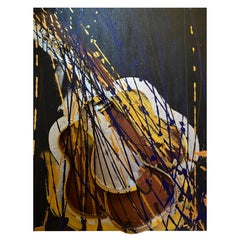 Antique Mid Century Arman Fernandez Painting Guitar Oil Painting Wood Black Yellow