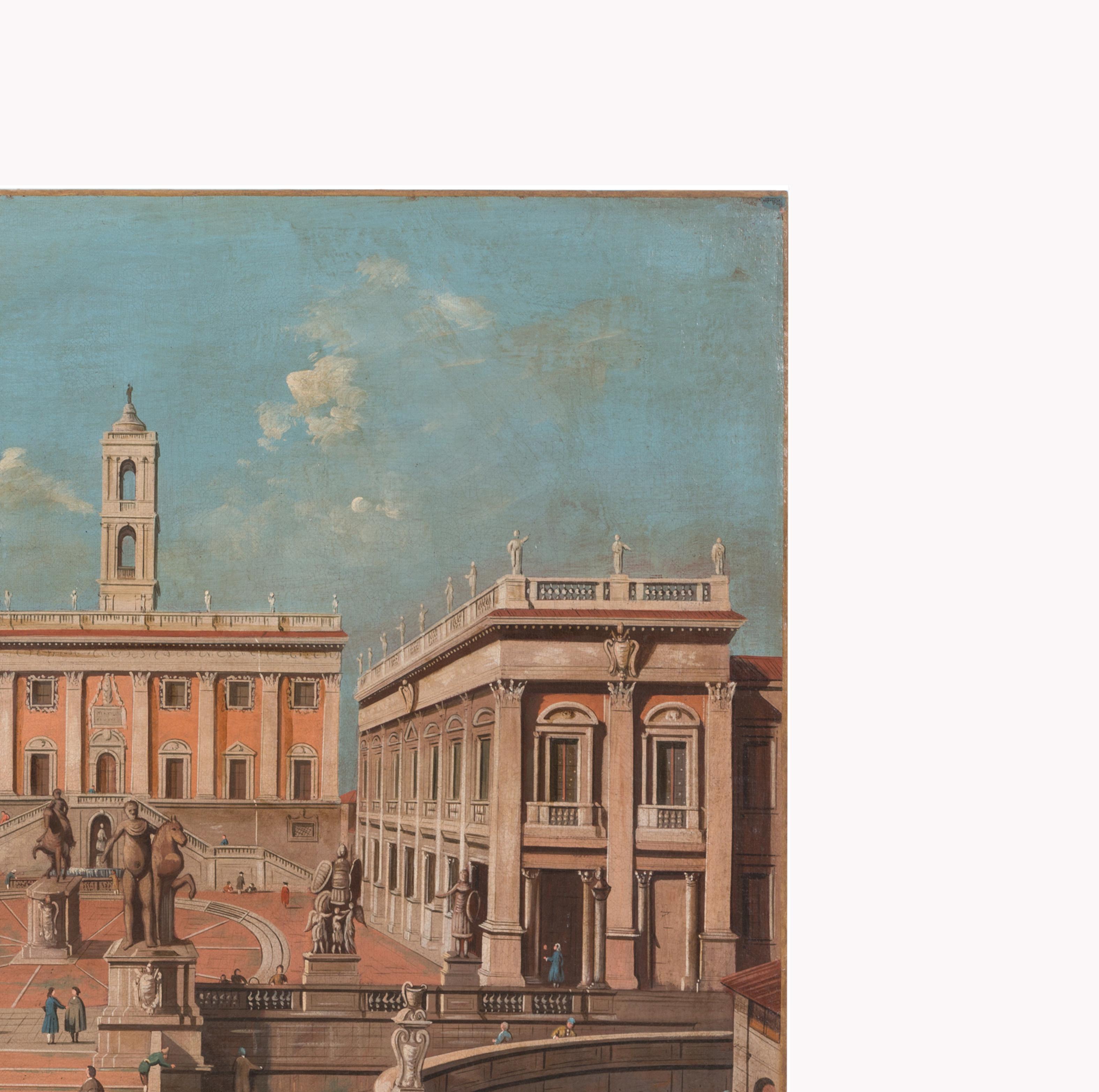 This refined view made by a Venetian master of the late 18th-early 19th century, animated by numerous characters and carriages in the foreground, highlights the very famous Piazza del Campidoglio. in addition to the characters, in the foreground