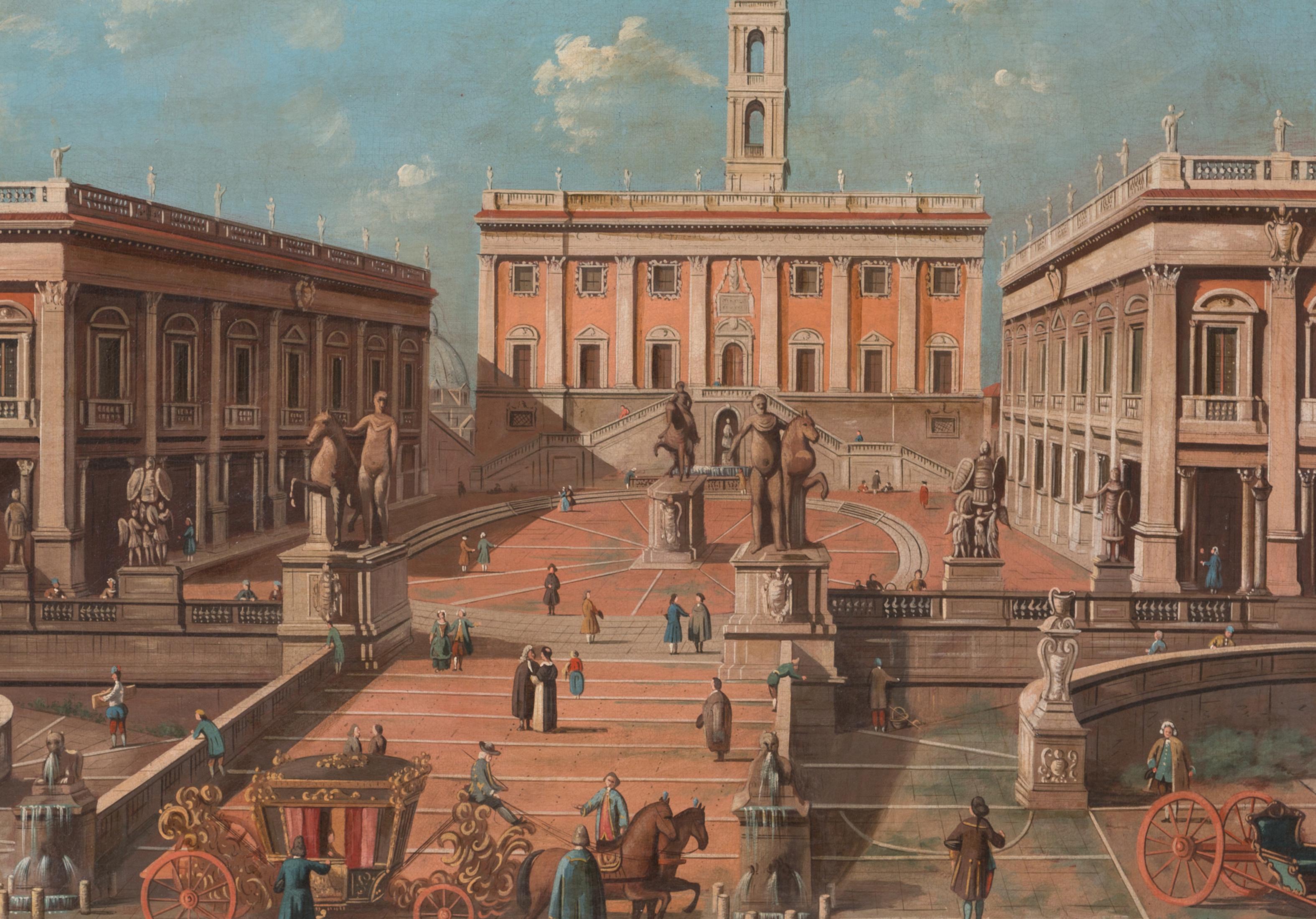 Mid-Century Modern Painting Depicting Piazza del Campidoglio with Characters and Carriages