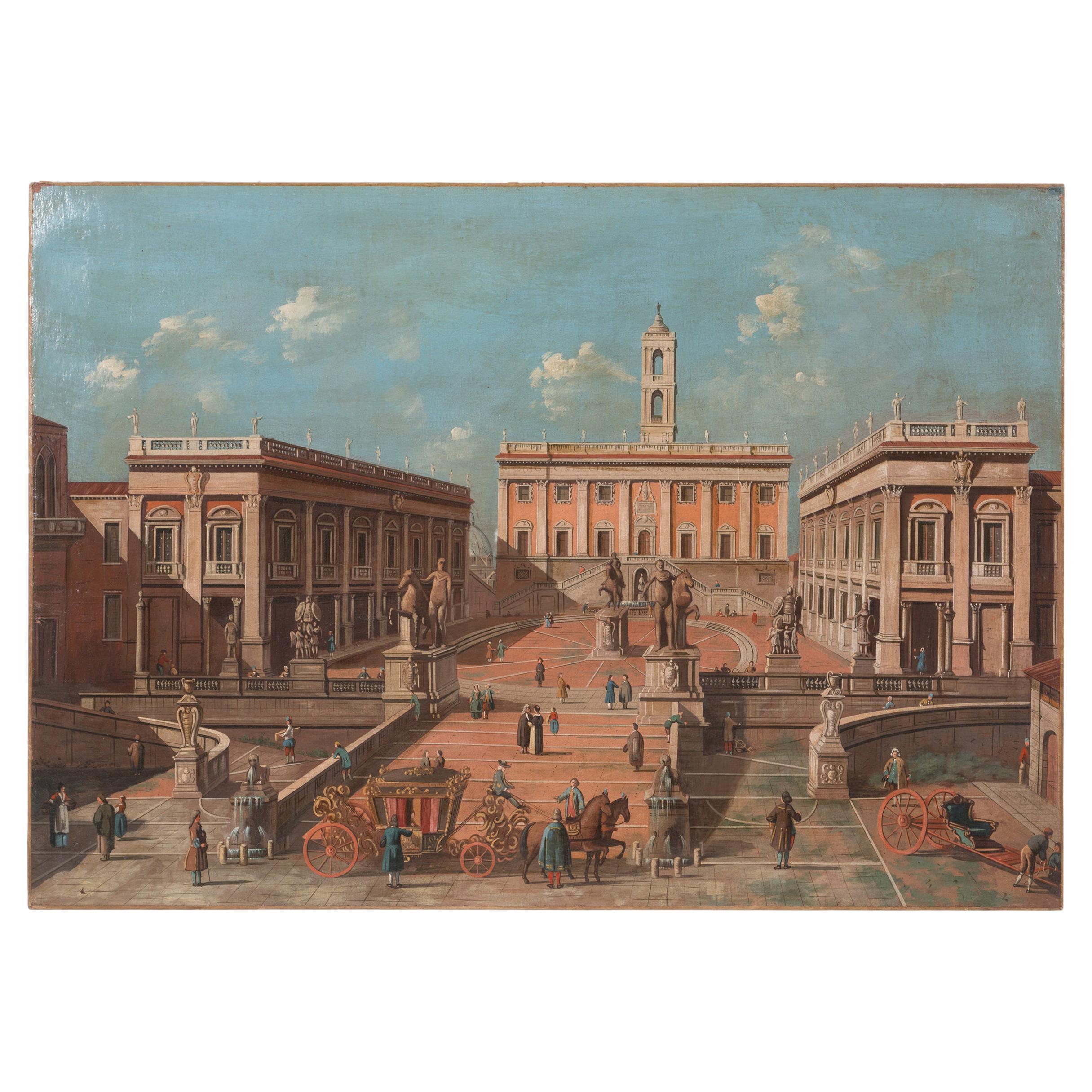 Painting Depicting Piazza del Campidoglio with Characters and Carriages