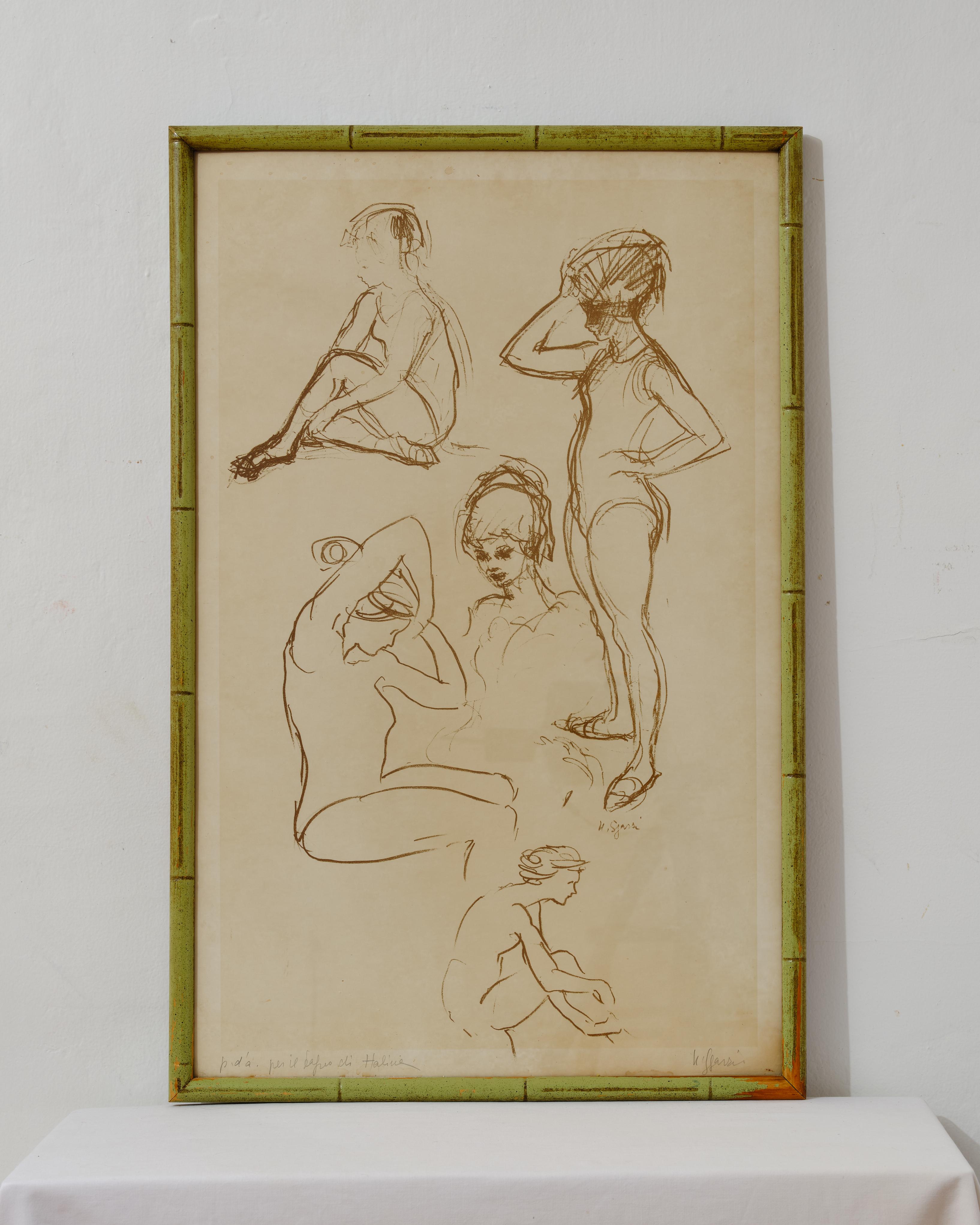 Pintura, Dibujo de bailarina, Enmarcado, Firmado H. Sjardi, Italia, Vintage, C 1950 en venta 2