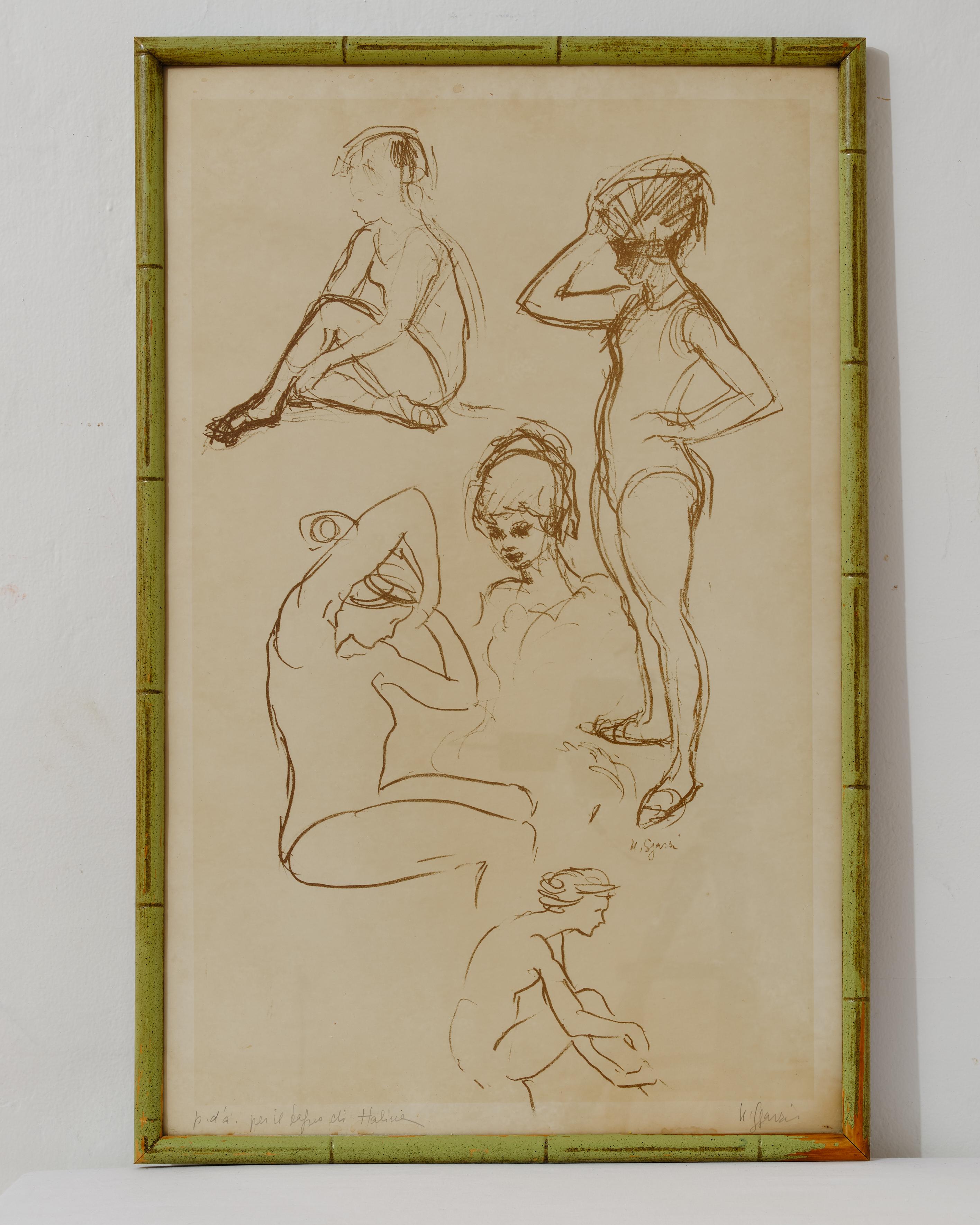 Pintura, dibujo de bailarinas de mediados de siglo, hacia 1950. Está firmado H. Sjardi. El dibujo tiene un marco original de bambú verde. El cuadro se hizo en Italia.