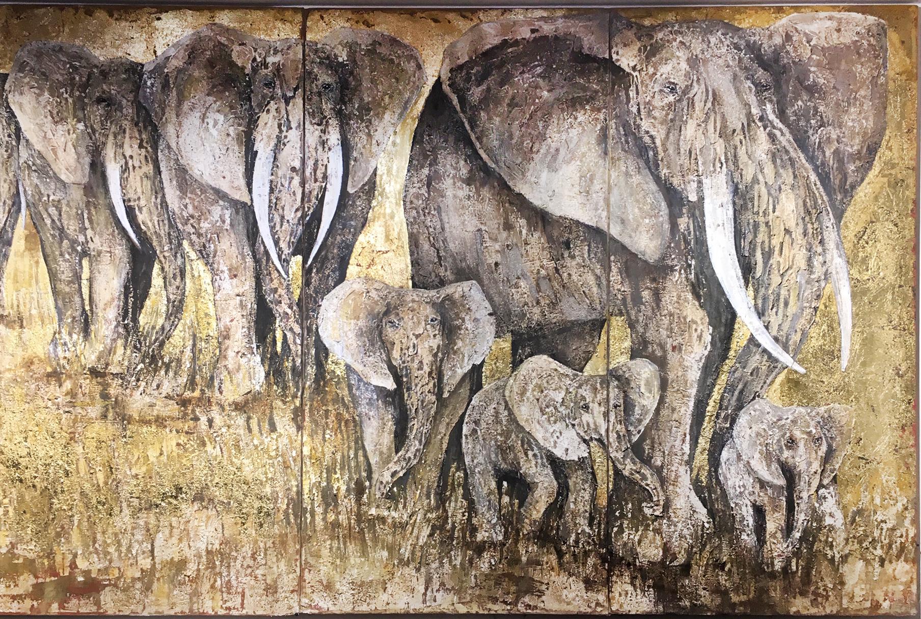 French Painting Elephants on 4 Canvas