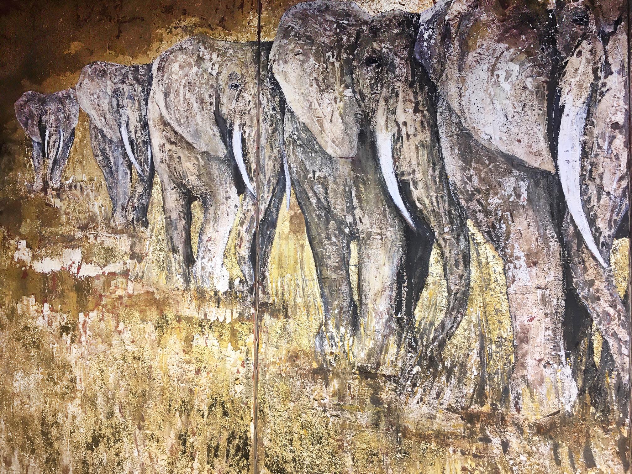 Contemporary Painting Elephants on 4 Canvas