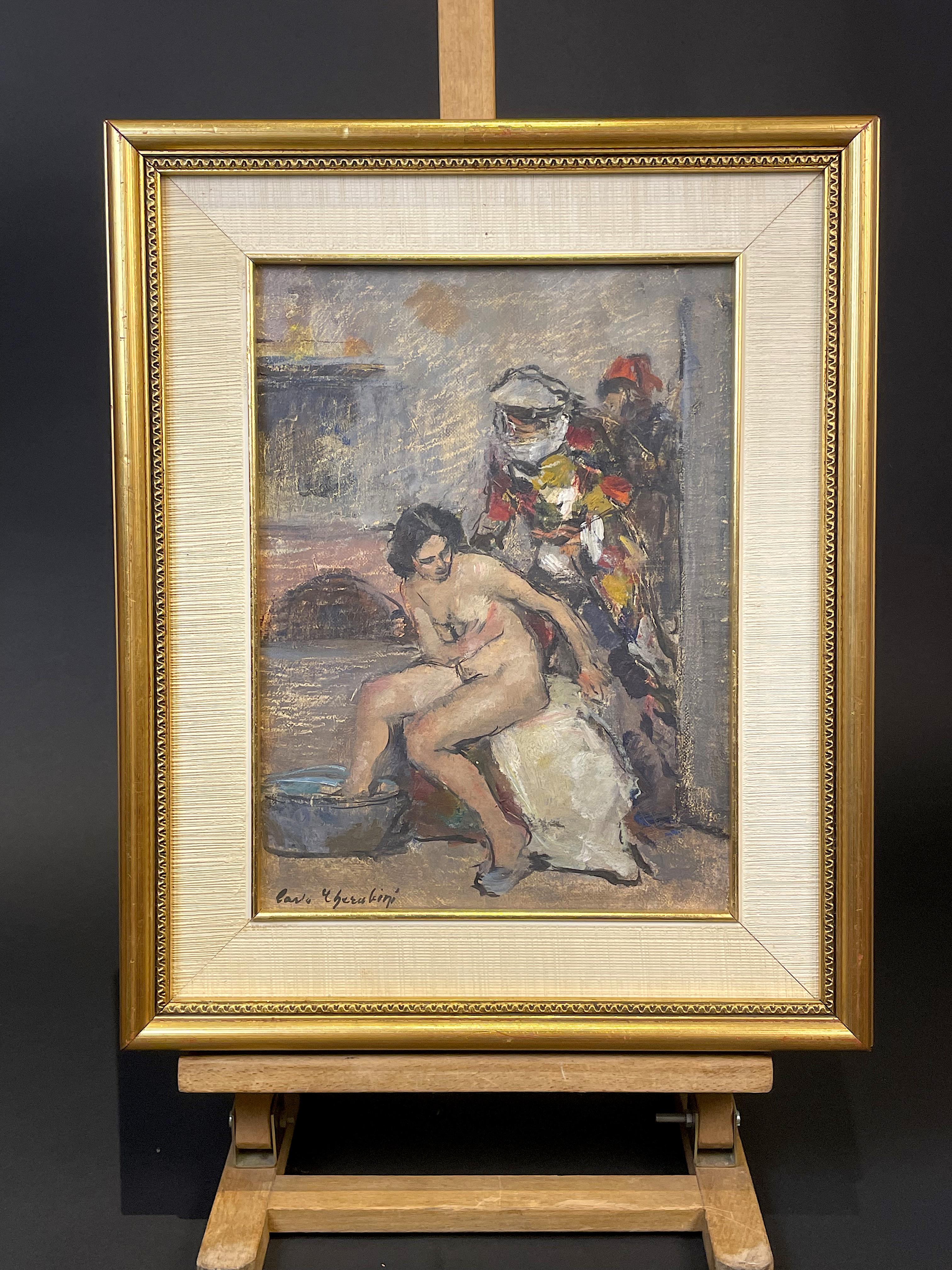 Oil-on-canvas painting by Venetian painter Carlo CHERUBINI (Anona 1897-1978 Venice) made around the 1950s.
The work in question presents a seated female nude in the foreground; behind her are masked figures (traceable to the mask of Harlequin),