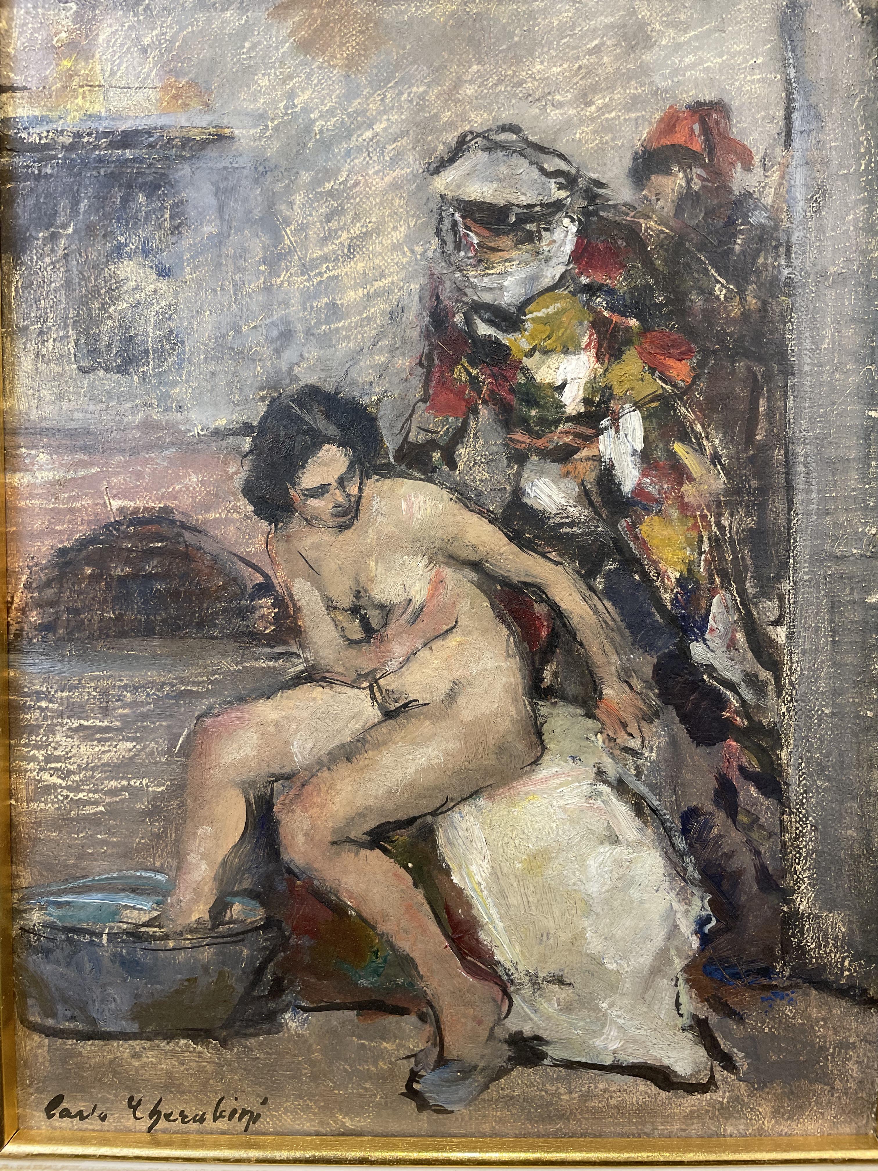 italien Peinture « Femmes nues et personnages masqués à Venise », Carlo Cherubini, années 1950 en vente