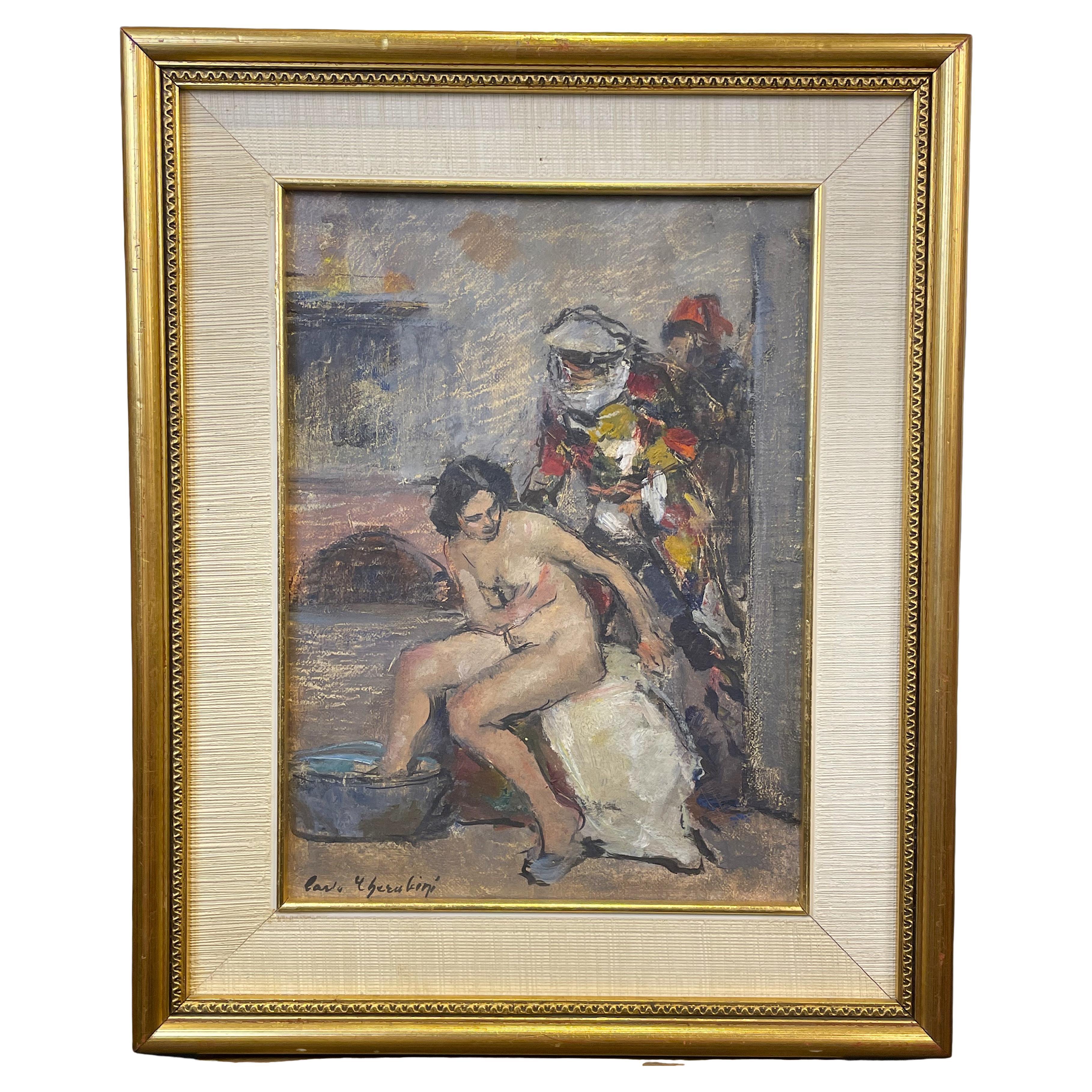 Painting "Female Nude and Masked Figures in Venice, " Carlo Cherubini 1950s For Sale