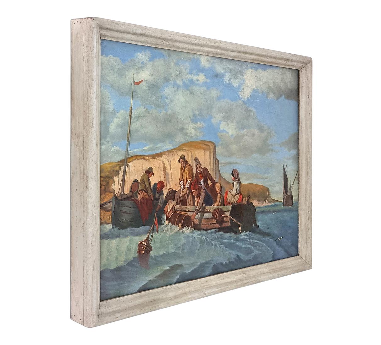 Peinture à l'huile sur toile, copie d'après Eugène Lepoittevin : Retour de pêche à Étretat, Normandie, vers 1920. Ce paysage marin représente au premier plan des pêcheurs occupés à travailler sur leurs bateaux, dont l'un porte une mère et son