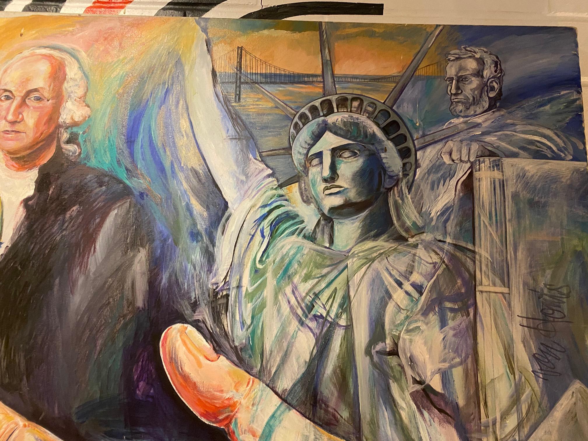 Large painting for the Partners of Americas International Convention in 1980 by Texas artist Jacqui Von Honts. Jacqui Von Honts had outstanding creative talent and was well-versed in a variety of mediums in art.