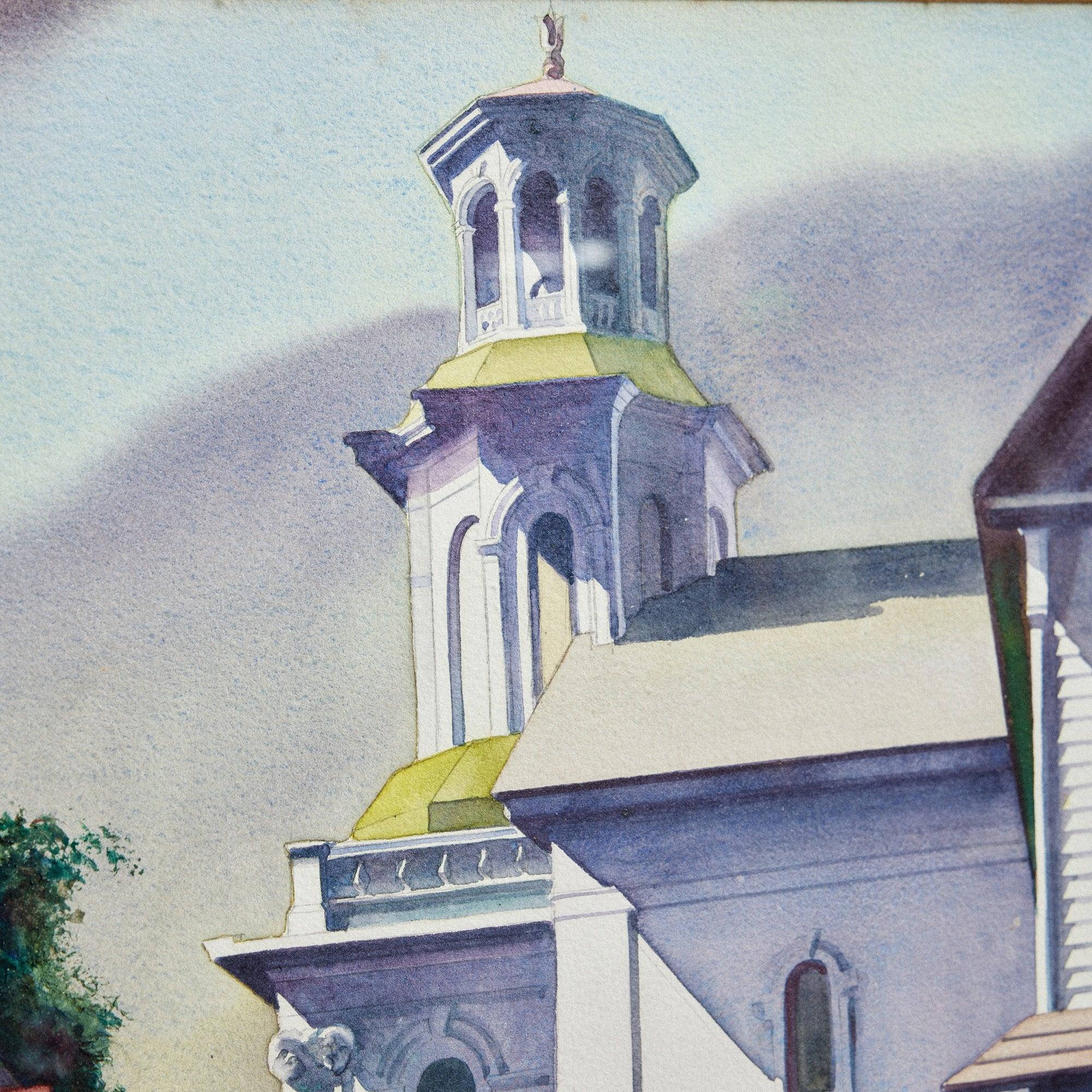 Framed painting of a Cape Cod church.  Artists signature is unintelligible.
