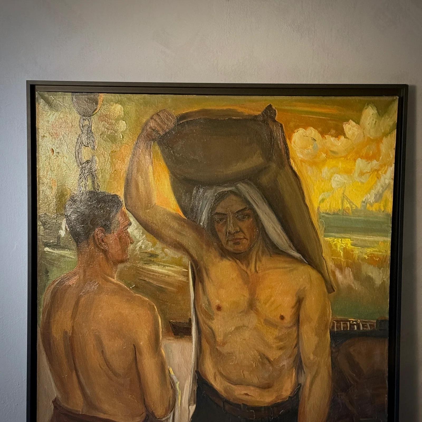 Une puissante peinture à l'huile à grande échelle qui capture deux travailleurs torse nu dans un moment d'effort partagé et de dignité tranquille. Sur fond de ciel doré et d'arrière-plan industriel, la scène allie réalisme et chaleur expressive. Le