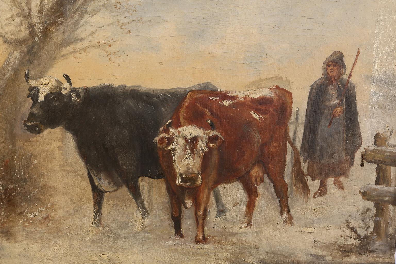 This is a lovely painting of two cows going out to pasture, signed J. Hongenae and dated 1902. The subject matter is typical of northern France and Belgium.