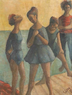 Painting, Signed Gunter, Green and Blue Color, "Dancers", 1969, Mid-Century Art