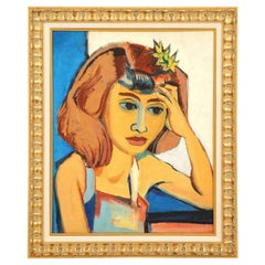 Painting from the 1940s, Golden, Mid-Century Art, Blue, Chocolate & White Colors