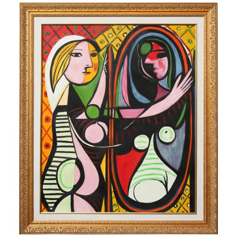 Painting, "Girl Before a Mirror", Copy of Picasso, Gold Frame, Modern Art For Sale