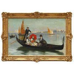 Antique Painting "Gondola Ride in Venice" by G. Mantegazza, Italy, 1889