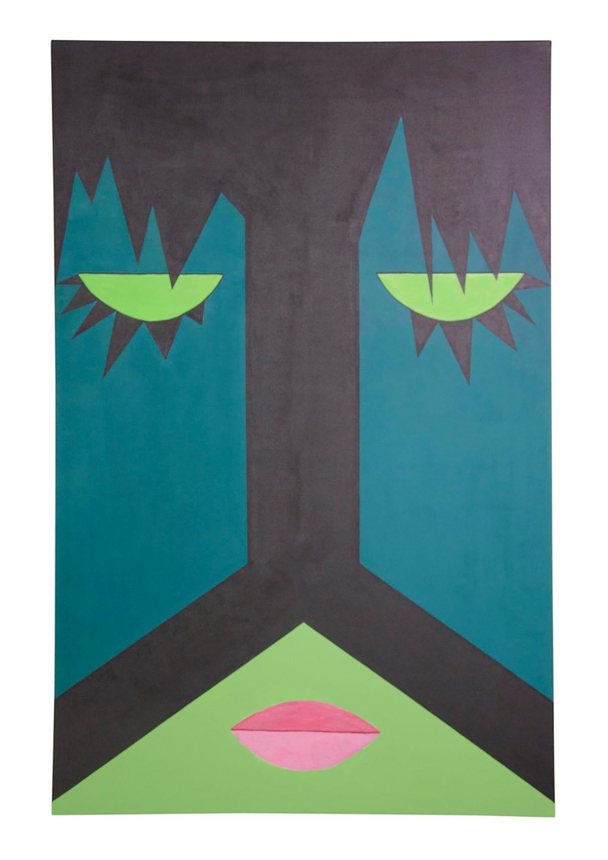 Emirian Painting green black Geometric face Modern Acrylic Canvas by Cecilia Setterdahl For Sale