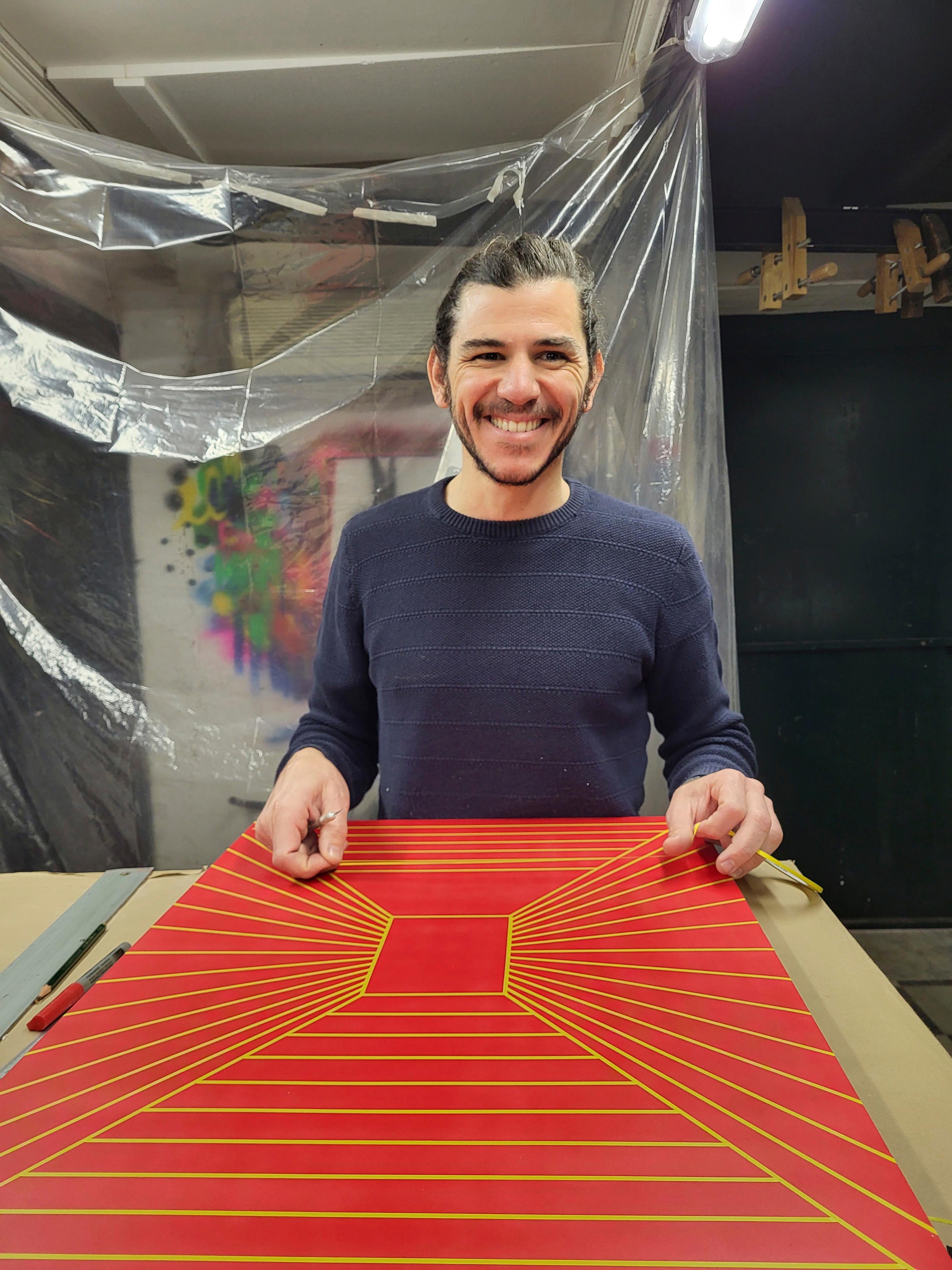 Pintura Verde Negra Contemporánea Geométrica Futurista Acrílico Spray sobre Madera A14 en venta 3