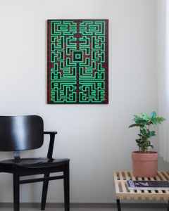 Painting Green Black Contemporary Geometric Futuristic Acrylic Spray on Wood A14