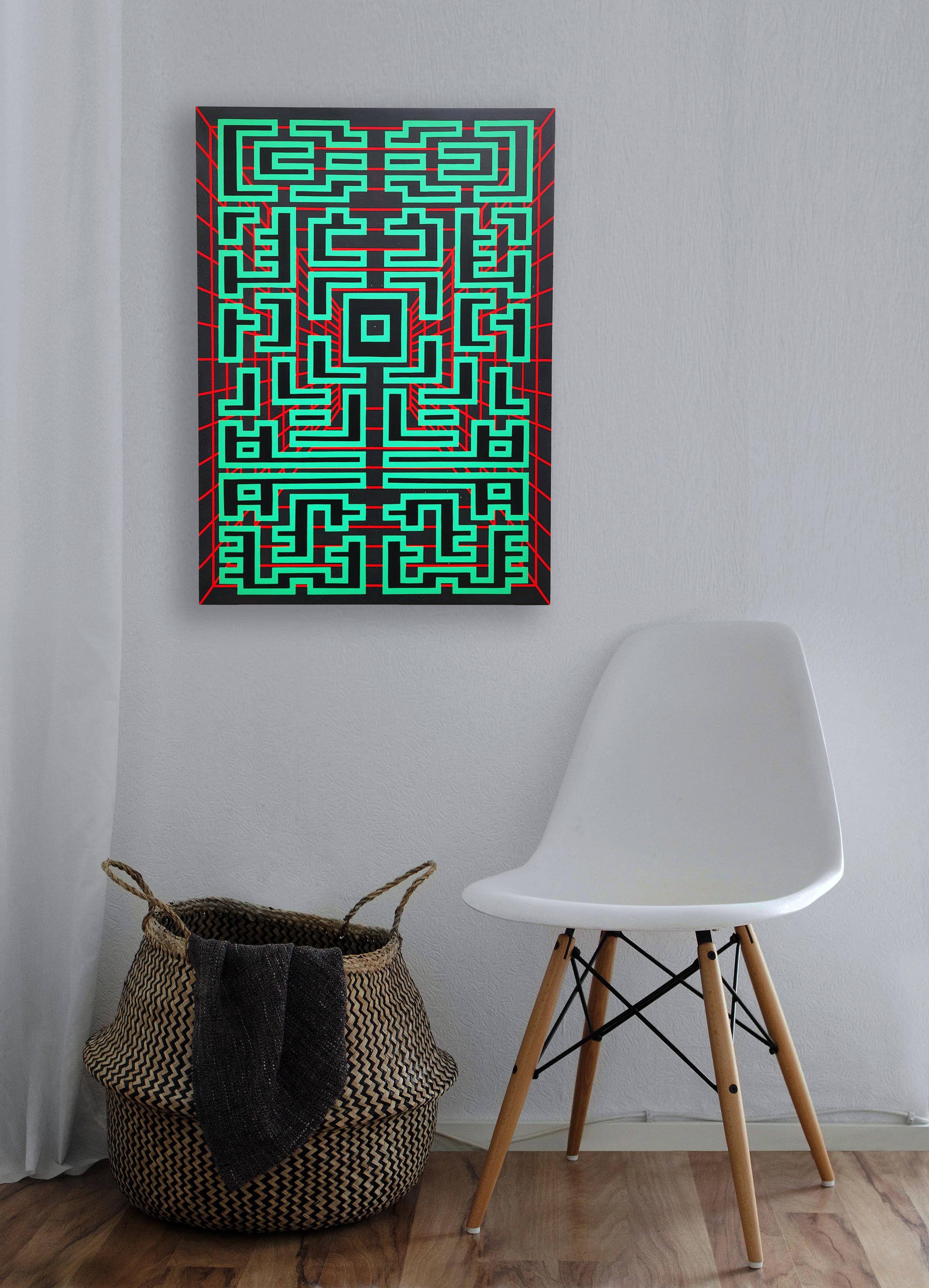 Modern Painting Green Black Contemporary Geometric Futuristic Acrylic Spray on Wood A14 For Sale