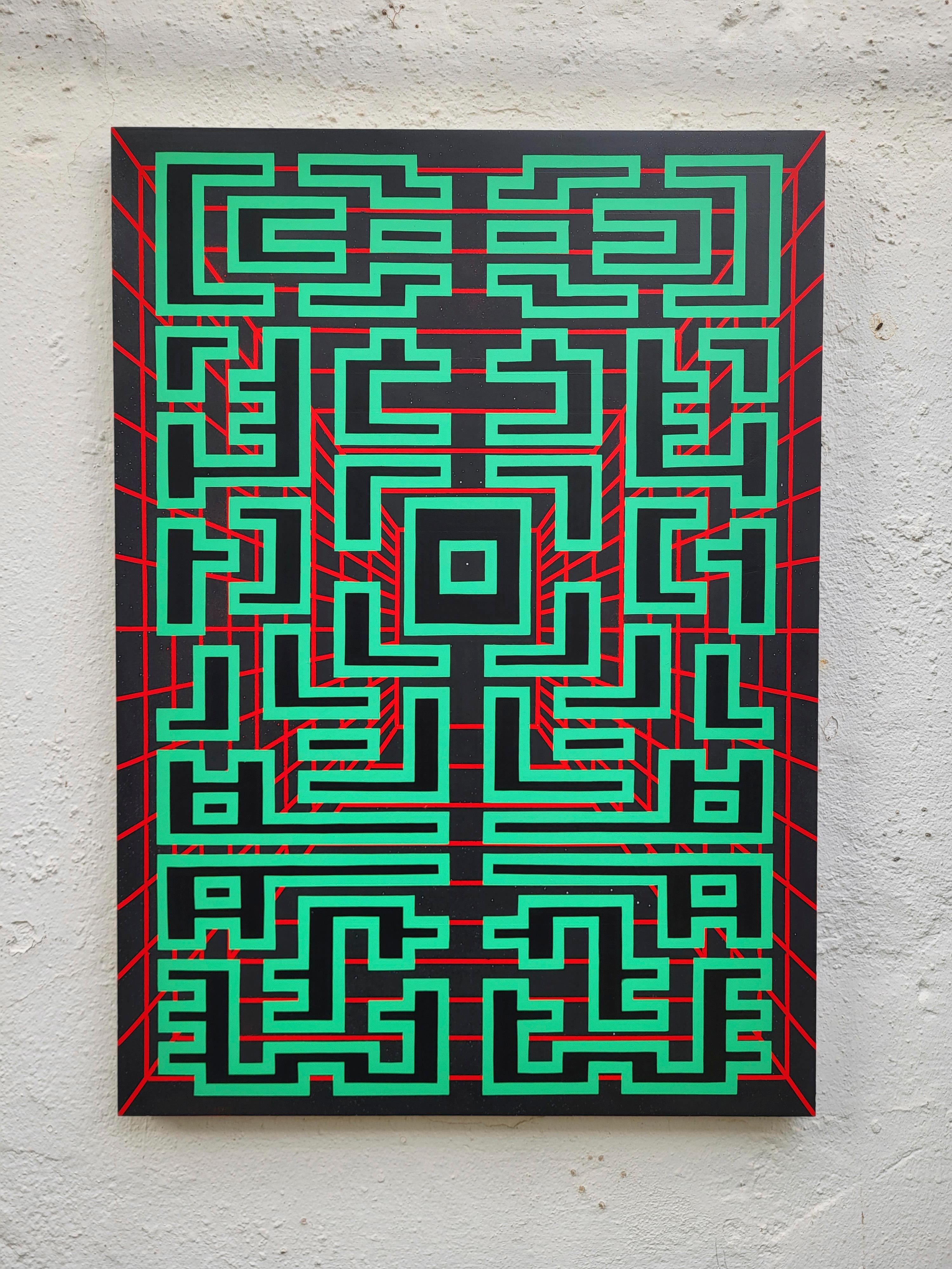 Painting Green Black Contemporary Geometric Futuristic Acrylic Spray on Wood A14 For Sale 1