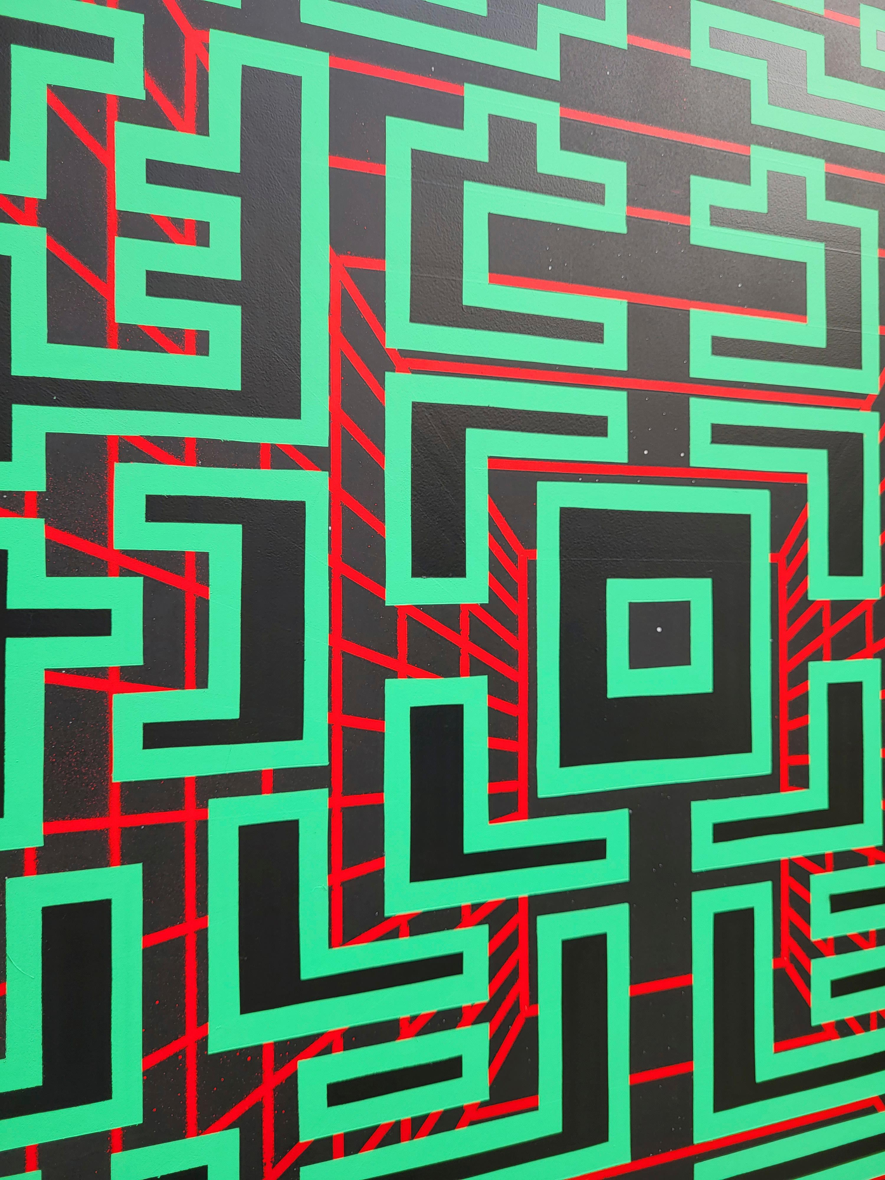 Painting Green Black Contemporary Geometric Futuristic Acrylic Spray on Wood A14 For Sale 2