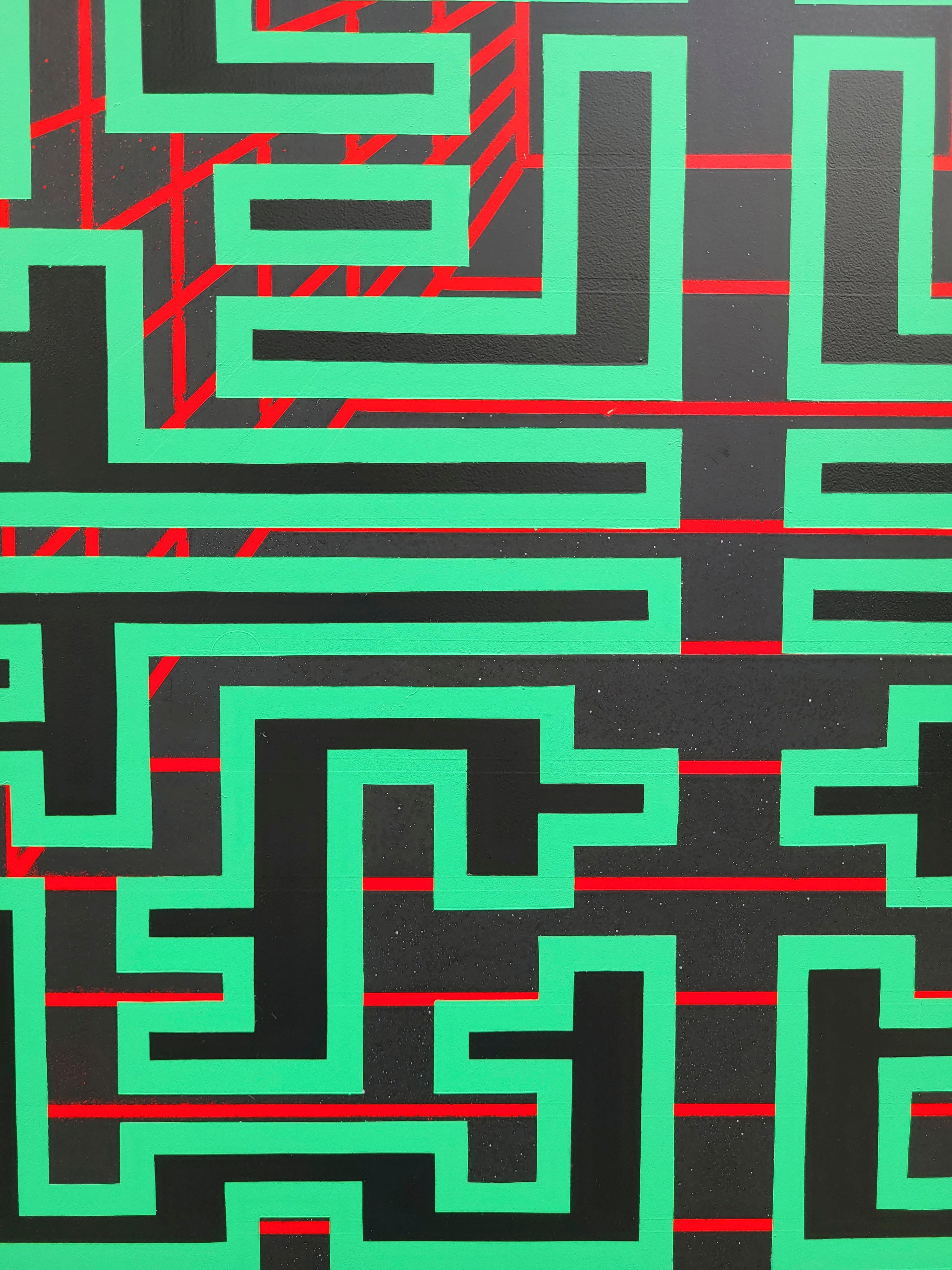 Painting Green Black Contemporary Geometric Futuristic Acrylic Spray on Wood A14 For Sale 3