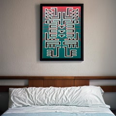 Peinture en spray acrylique sur bois contemporaine géométrique et futuriste verte et rose