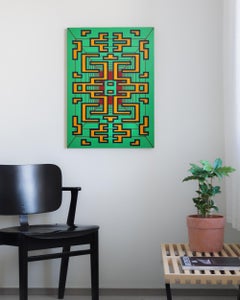 Painting Green Red Contemporary Geometric Futuristic Acrylic Spray on Wood A-10