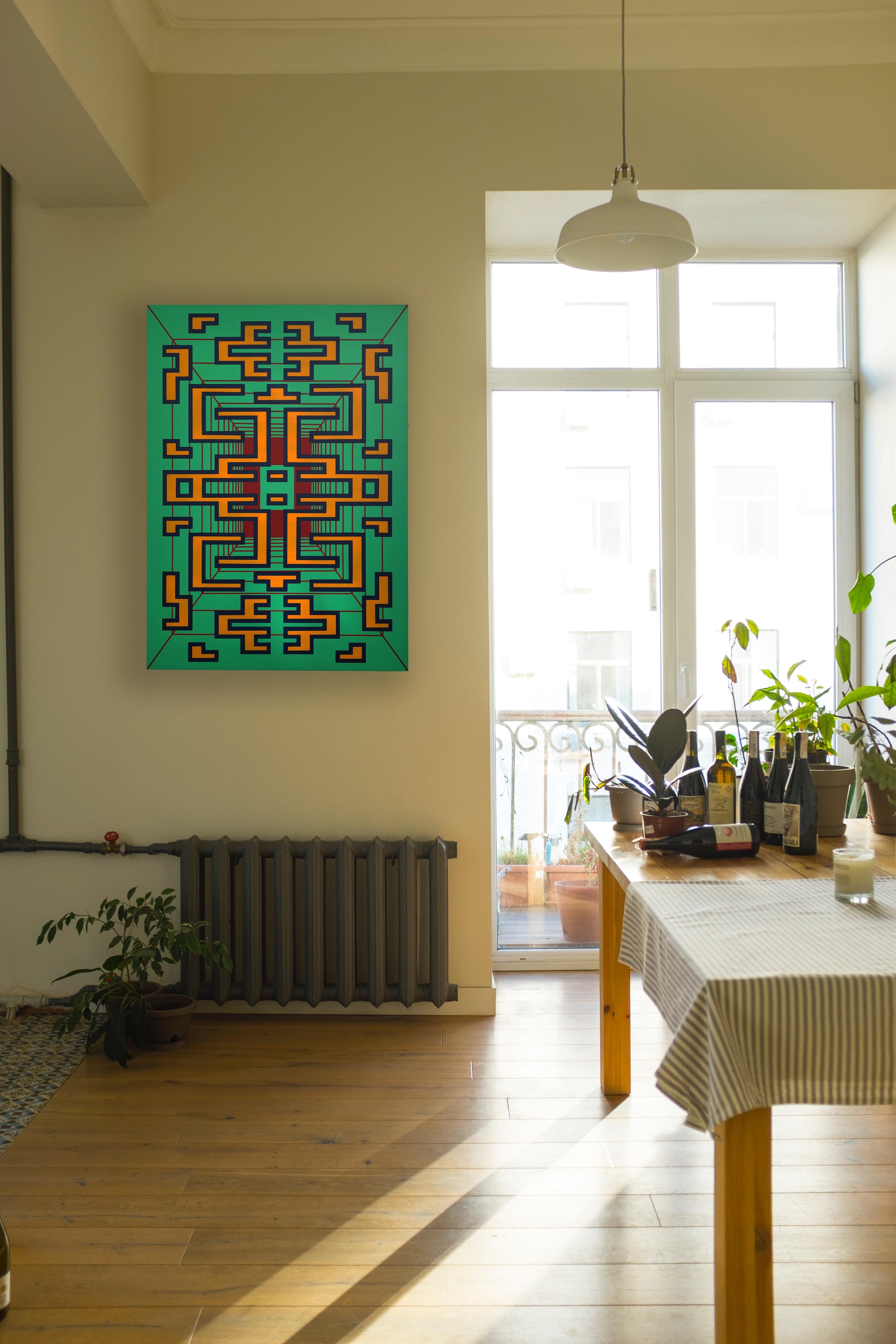 Modern Painting Green Red Contemporary Geometric Futuristic Acrylic Spray on Wood A-10 For Sale