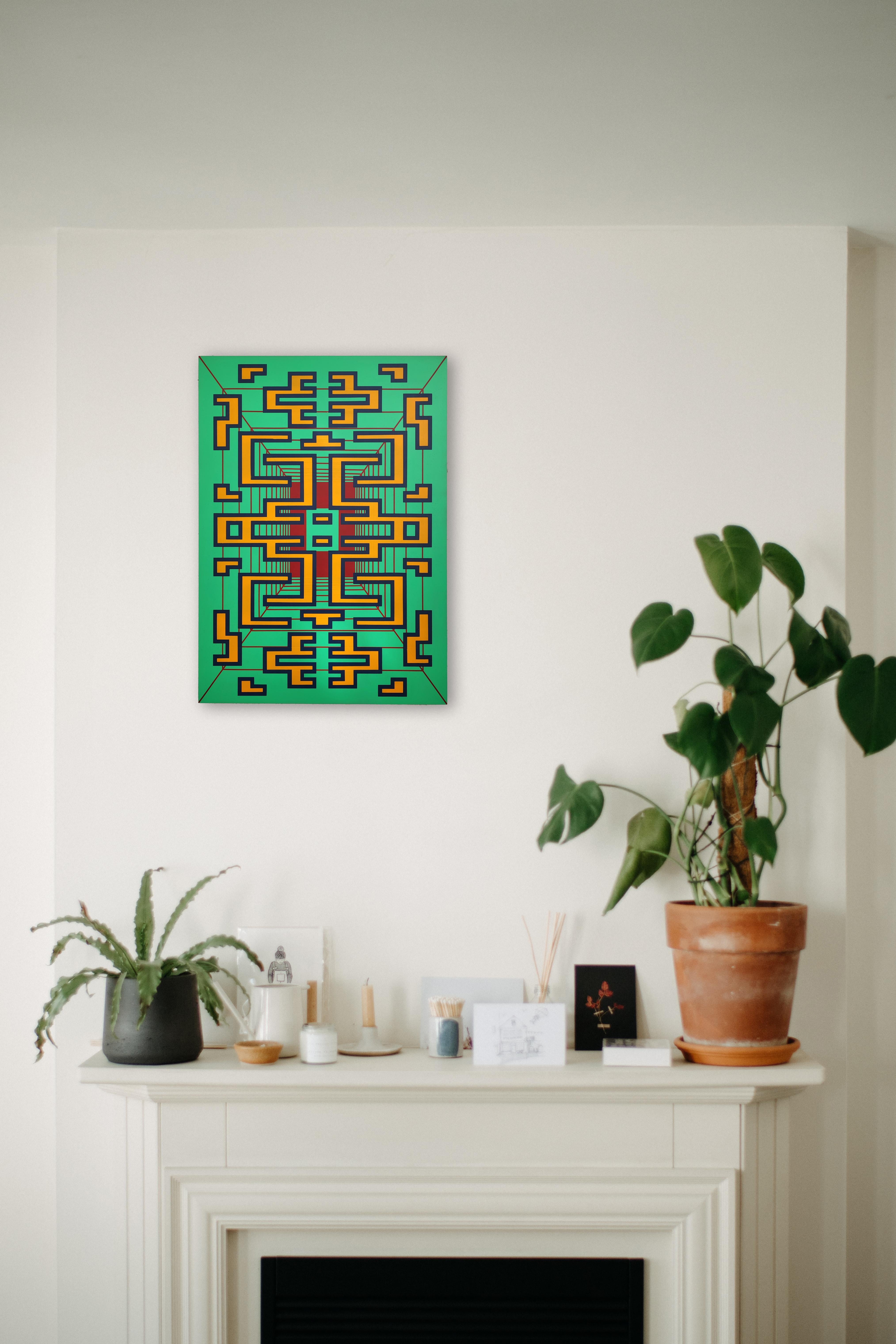 Spanish Painting Green Red Contemporary Geometric Futuristic Acrylic Spray on Wood A-10 For Sale