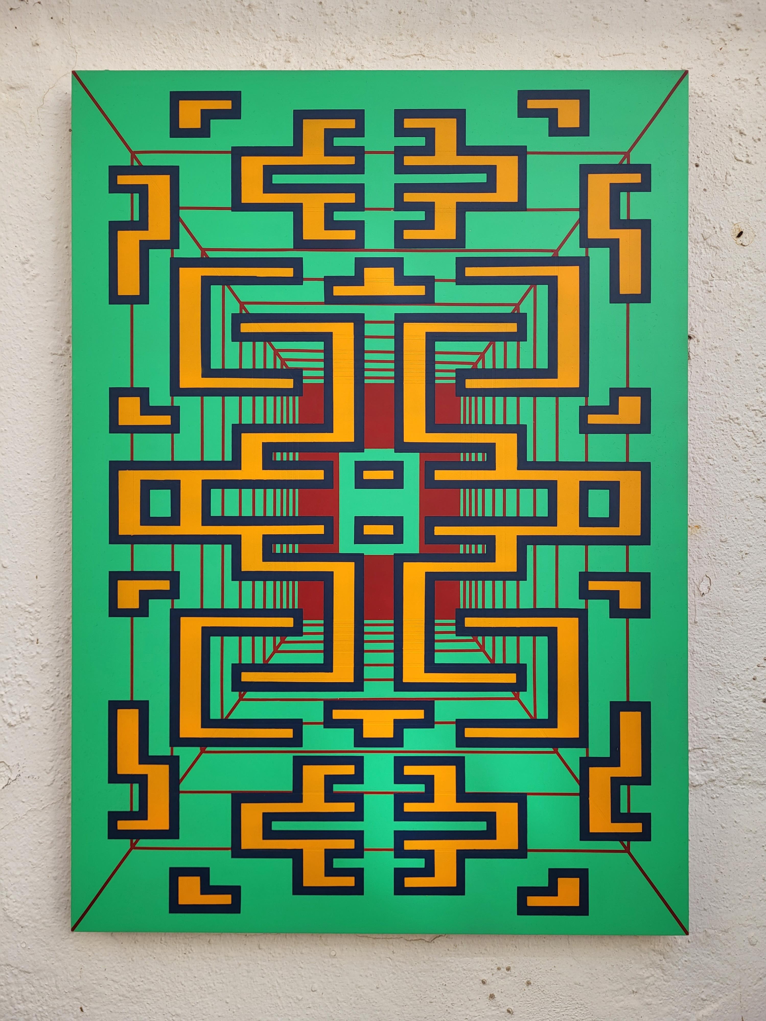 Hand-Painted Painting Green Red Contemporary Geometric Futuristic Acrylic Spray on Wood A-10 For Sale