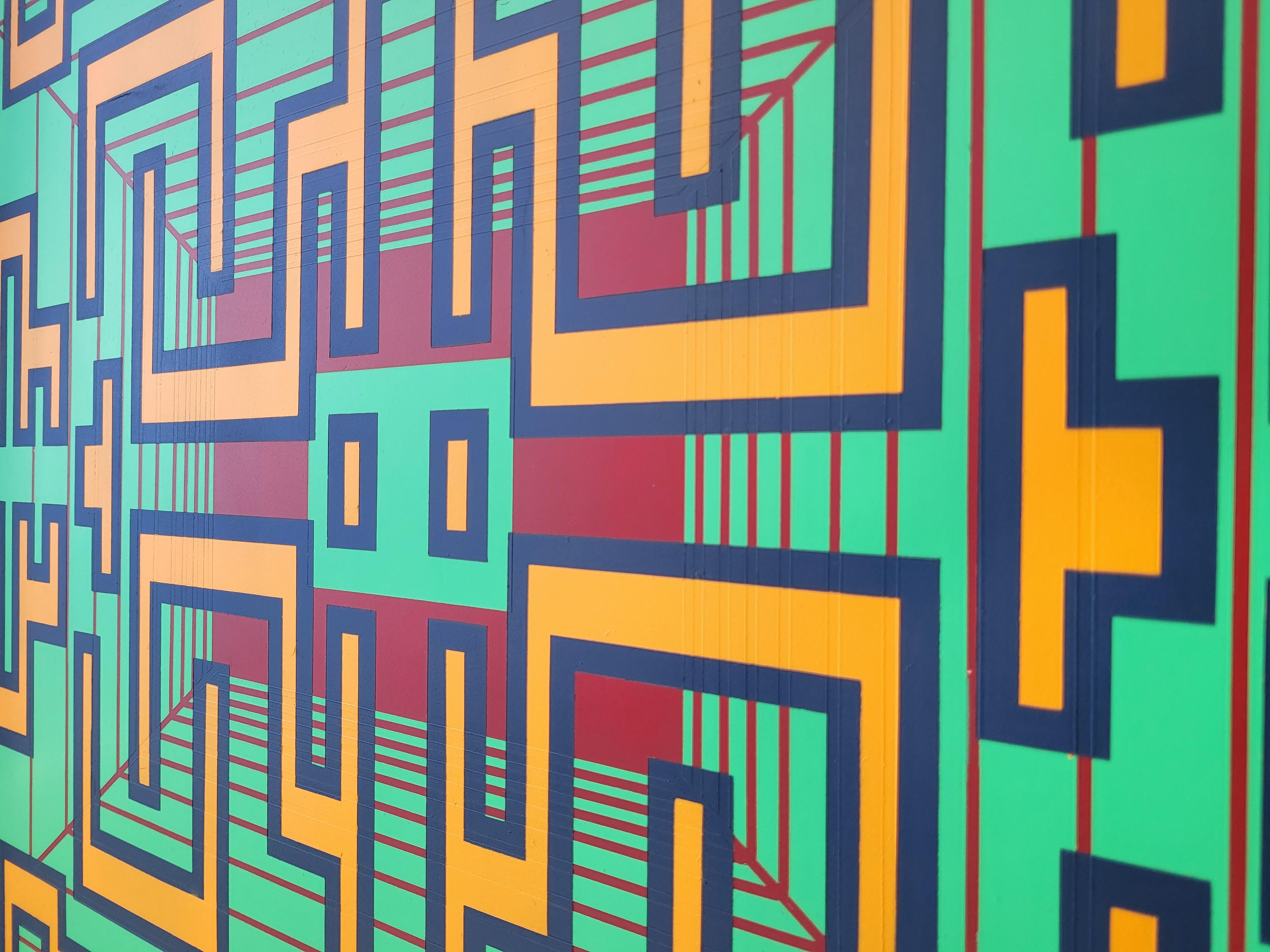 Zeitgenössisches, geometrisches, futuristisches Gemälde in Grün und Rot, A-10, Acryl Sprühfarbe im Zustand „Neu“ im Angebot in Seville, ES
