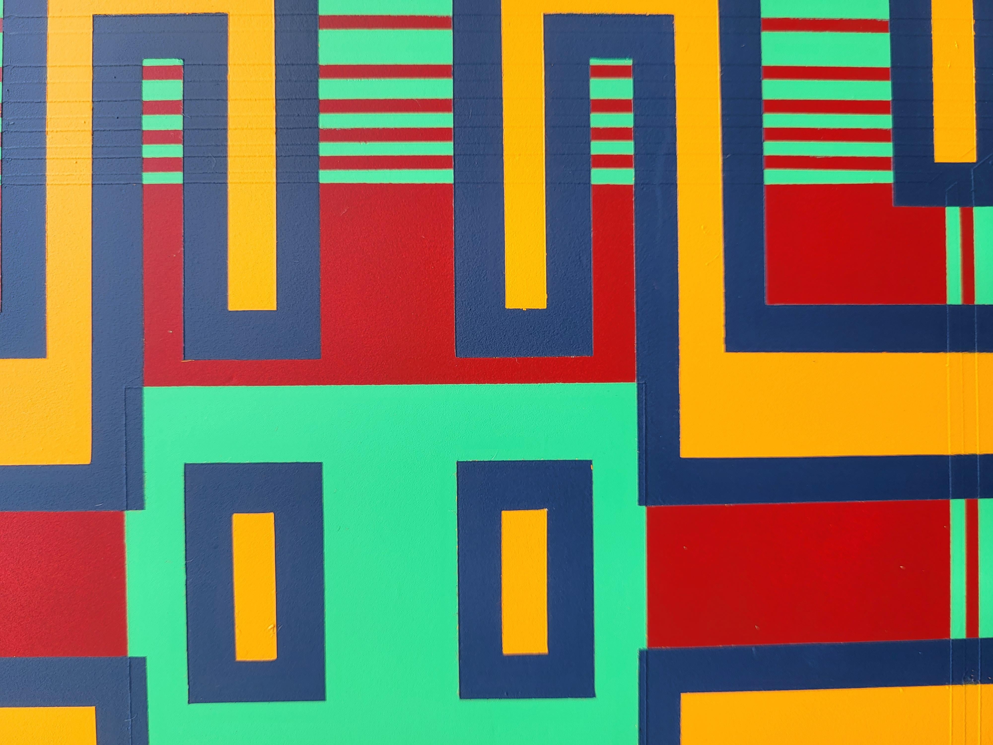 Painting Green Red Contemporary Geometric Futuristic Acrylic Spray on Wood A-10 For Sale 1
