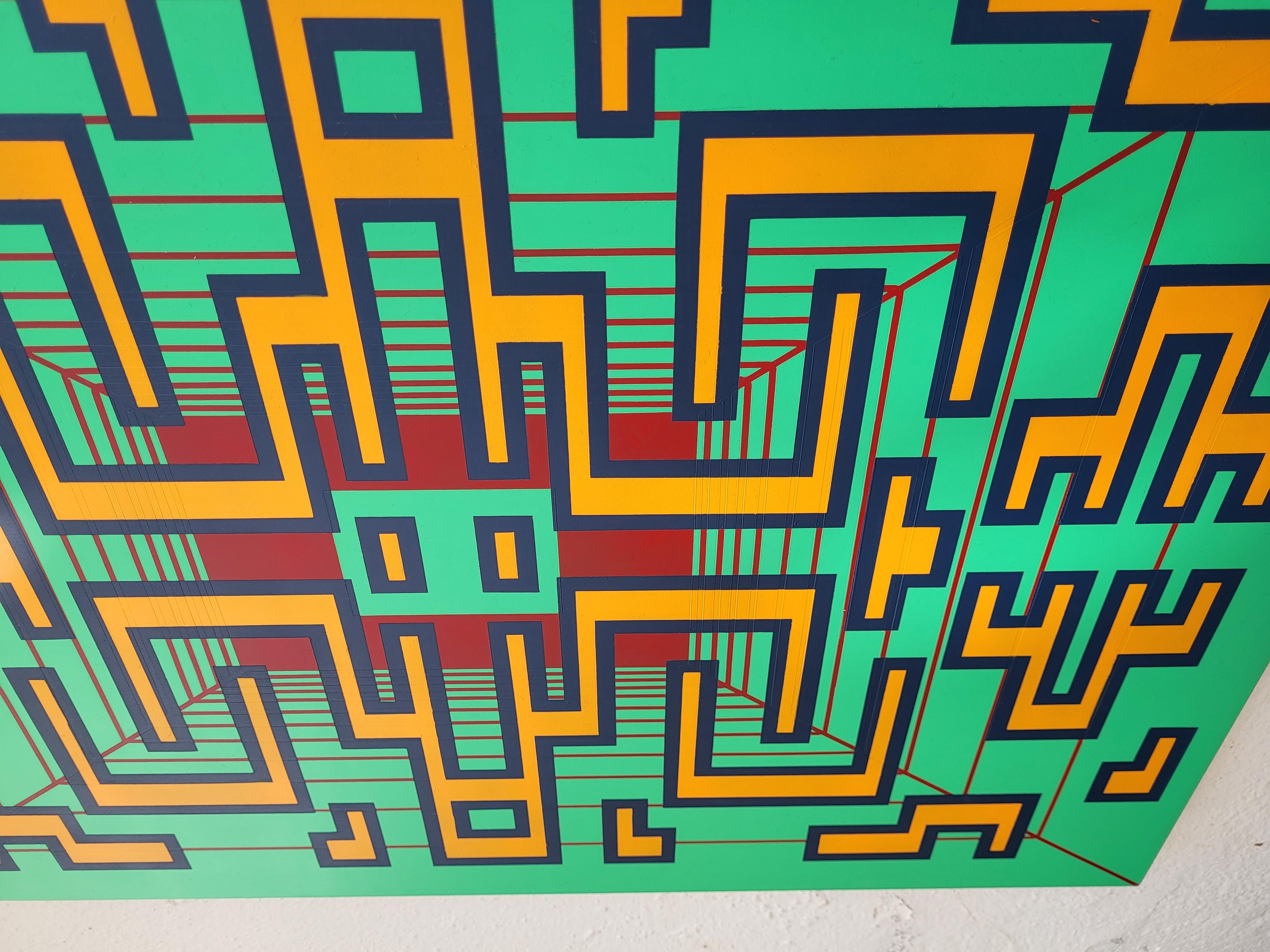 Zeitgenössisches, geometrisches, futuristisches Gemälde in Grün und Rot, A-10, Acryl Sprühfarbe (Holz) im Angebot