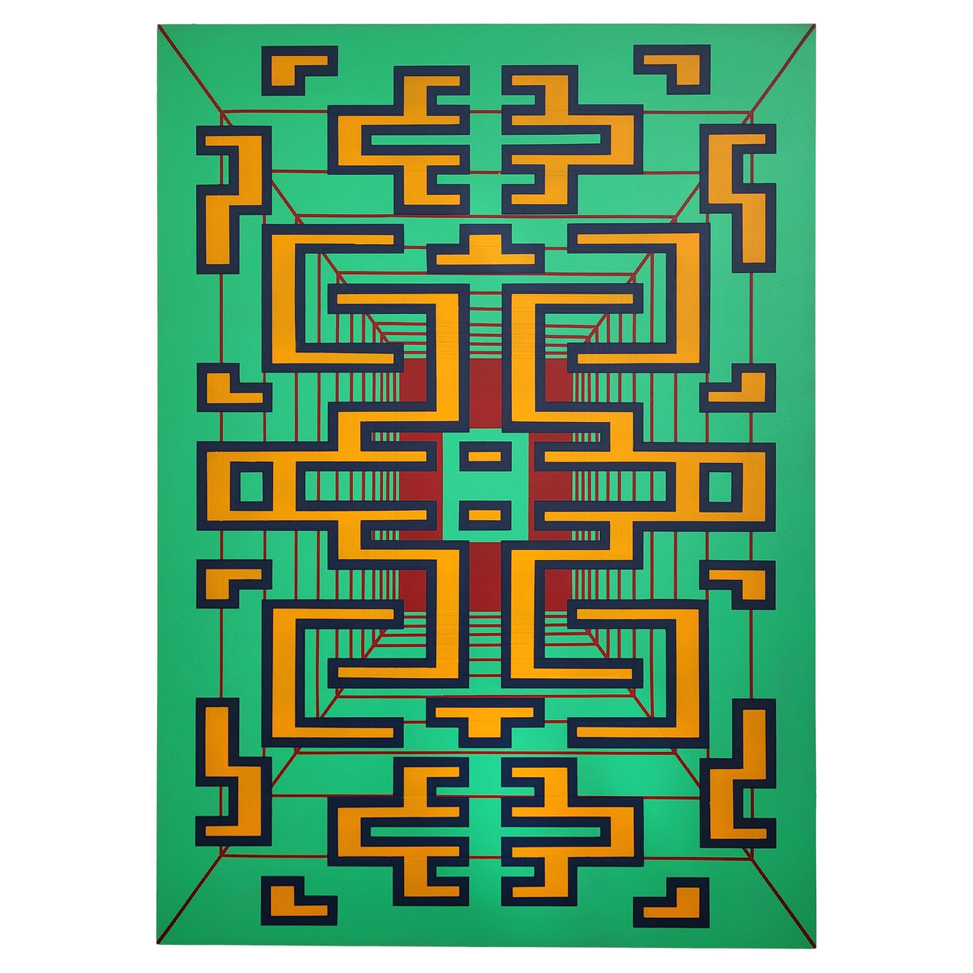 Painting Green Red Contemporary Geometric Futuristic Acrylic Spray on Wood A-10 For Sale