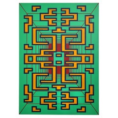 Painting Green Red Contemporary Geometric Futuristic Acrylic Spray on Wood A-10