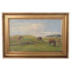 Quadro "Cavalli nel prato" di Niels Christiansen con cornice dorata